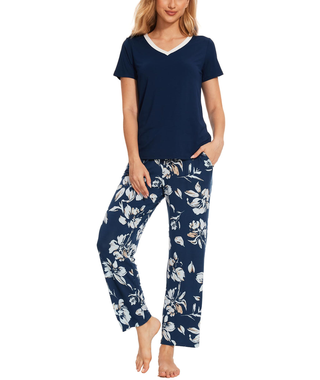 Bamboo Viscose Pajama Set with V-Neck - Cooling Sleepwear for Treatment Days (Ink Blue Flowers)