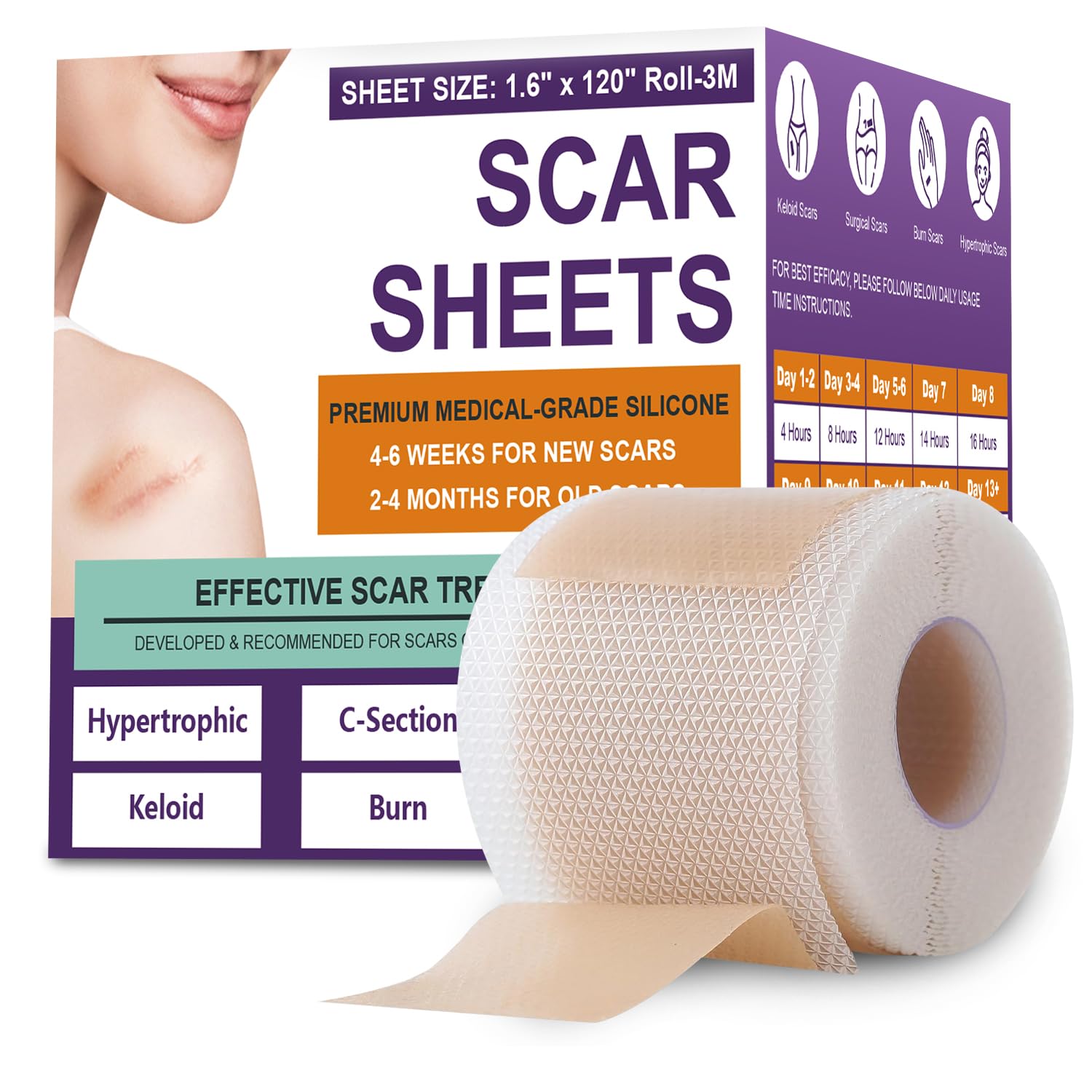 Silicone Scar Sheets, Medical Grade Silicone Scar Tape for Surgical, Hypertrophic, Keloid, C-Section, Burn, Old & New Scars, Reusable Professional Scars Removal Sheets (1.6"X 120" Roll-3M)