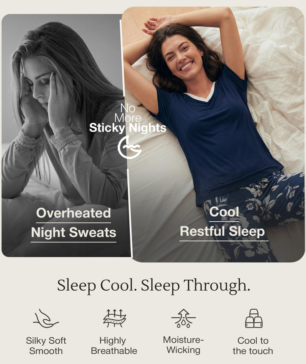 Bamboo Viscose Pajama Set with V-Neck - Cooling Sleepwear for Treatment Days (Ink Blue Flowers)