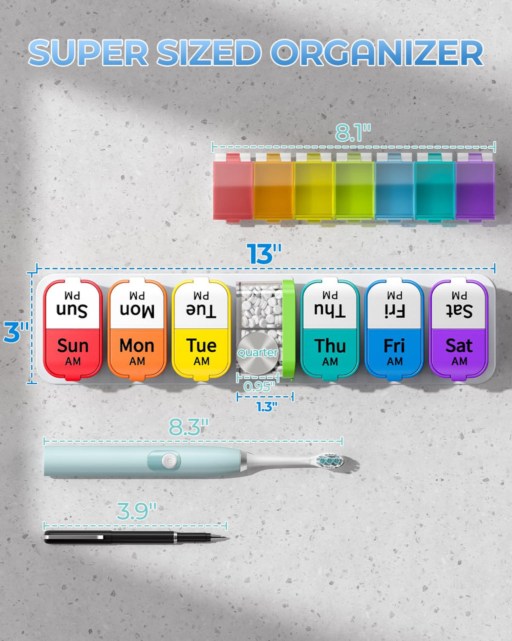 Extra Large Weekly Pill Organizer - Jumbo Capacity for Medication and Supplements (Rainbow, AM/PM)