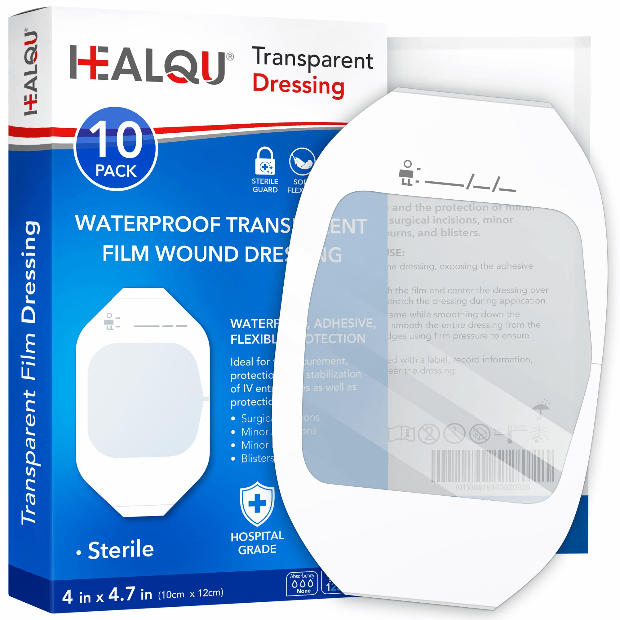 Transparent Film Dressing 4" x 4.75" (10 Pack) - Waterproof Adhesive Wound Bandages for Post-Surgical Shower, IV Shield, Tattoo Aftercare, Clear Breathable Dressing Patches by HEALQU