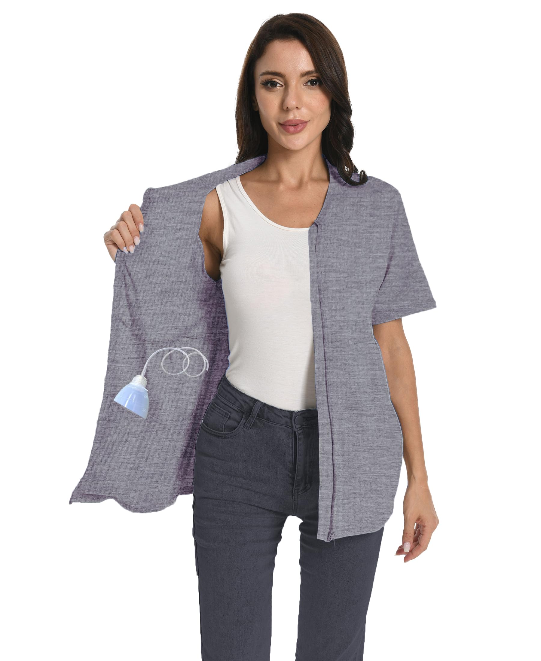 Mastectomy Shirt with Drain Pockets Breast Mastectomy Recovery Supplies Nephrostomy Drain Bag Tummy Tuck Must Haves Clothing Comfy Post OP Camisoles After Mastectomy Short Sleeve Shirts Dark Grey