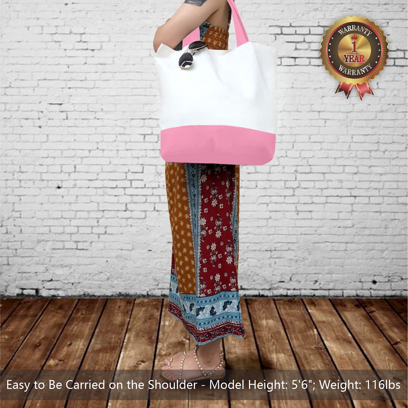 Large Canvas Tote Bag (White with Pink Handles)