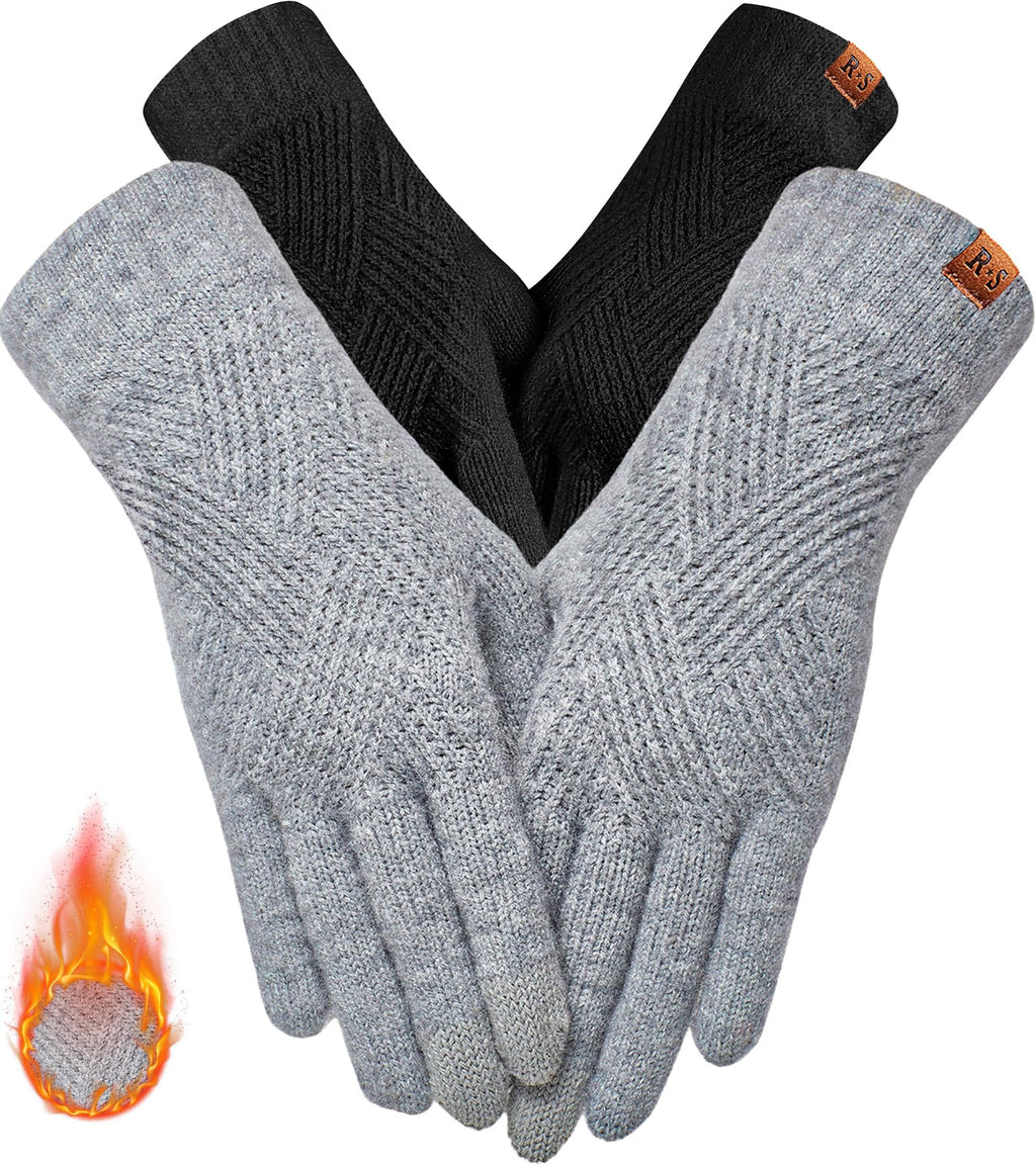 Warm Gloves with 3-Finger Touch Screen Elastic Thermal Knit Lining((Black+Light Gray)