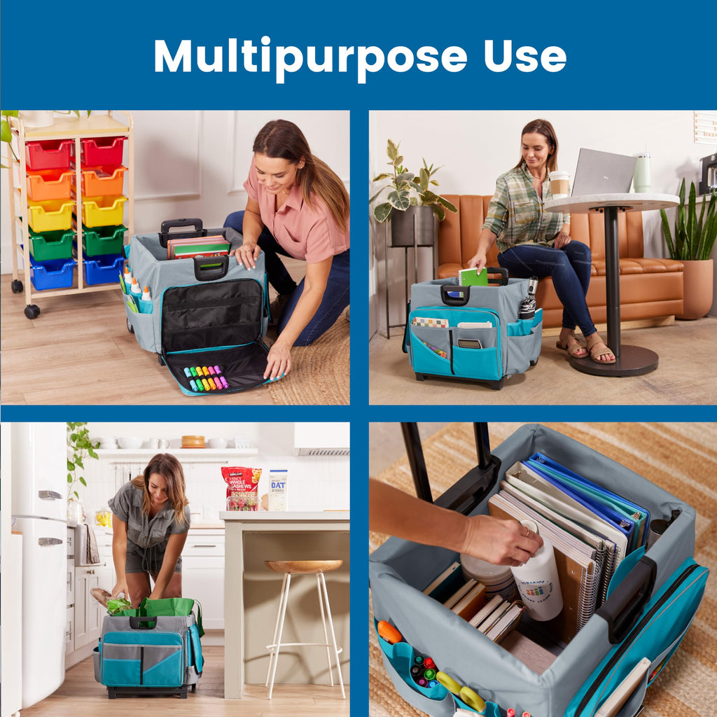 Universal Rolling Cart with Organizer Bag - Effortless Transport for Treatment Days (Turquoise/Grey)