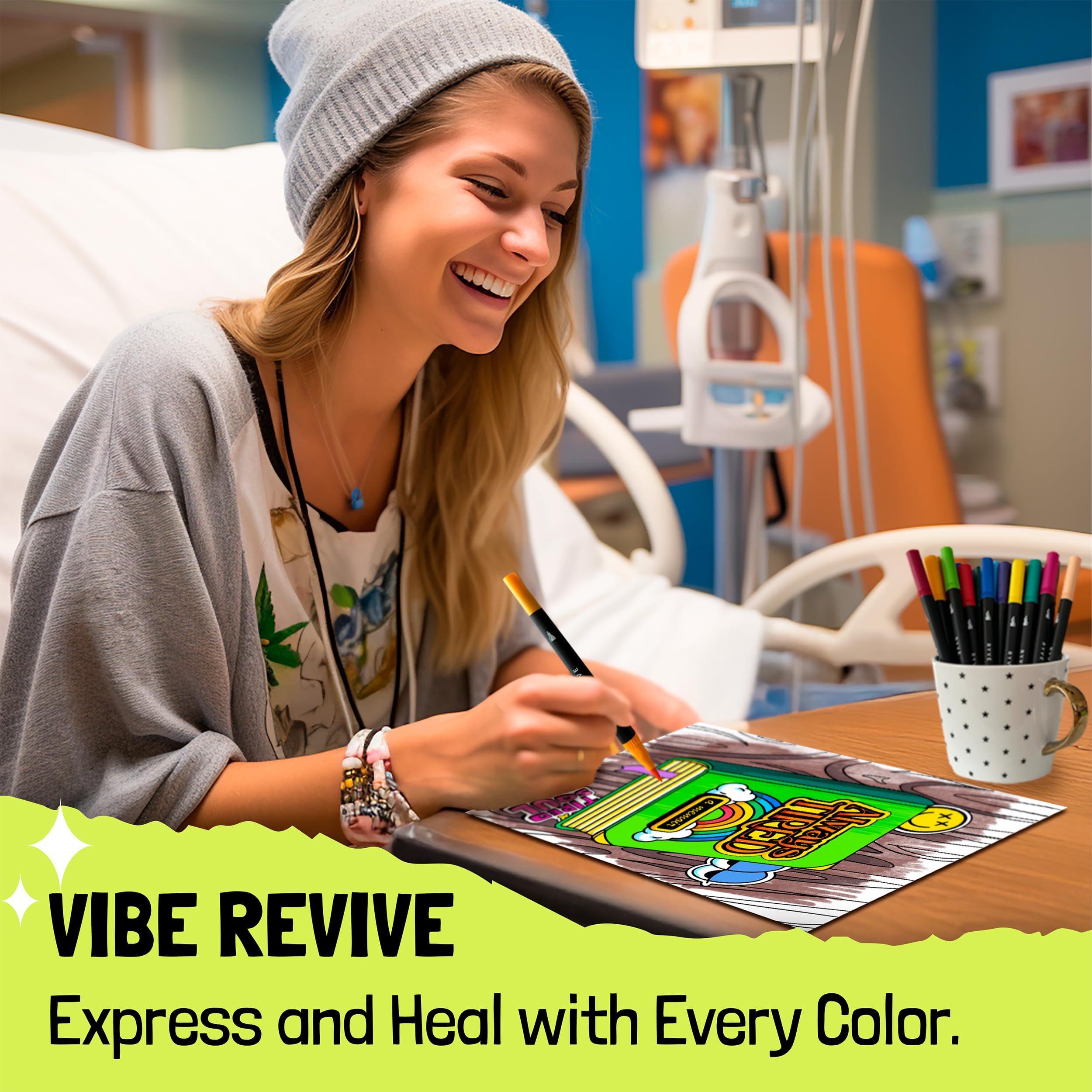 "Heal with Humor" Coloring Book and Marker Set - Laughter and Creativity for Treatment Days (33 Designs + 24 Markers)