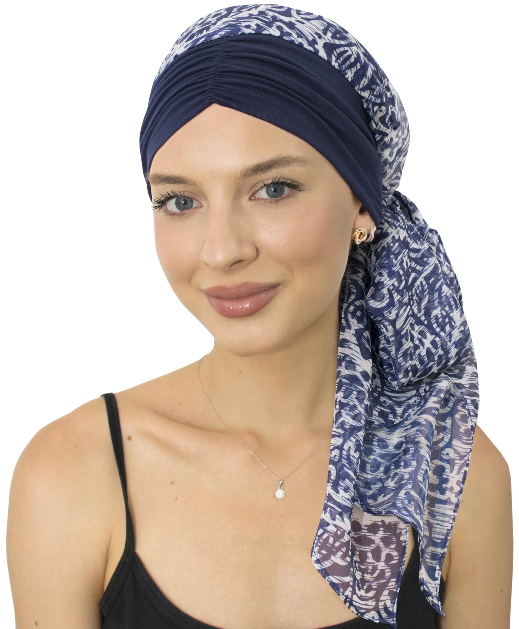 Bamboo Skull Cap with Chiffon Scarf - Comfortable Head Covering for Hair Loss (Navy Pattern)