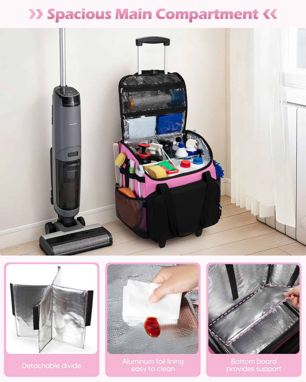 Rolling Caddy Bag with Telescoping Handle - Mobile Organization for Treatment Day Supplies (Pink)