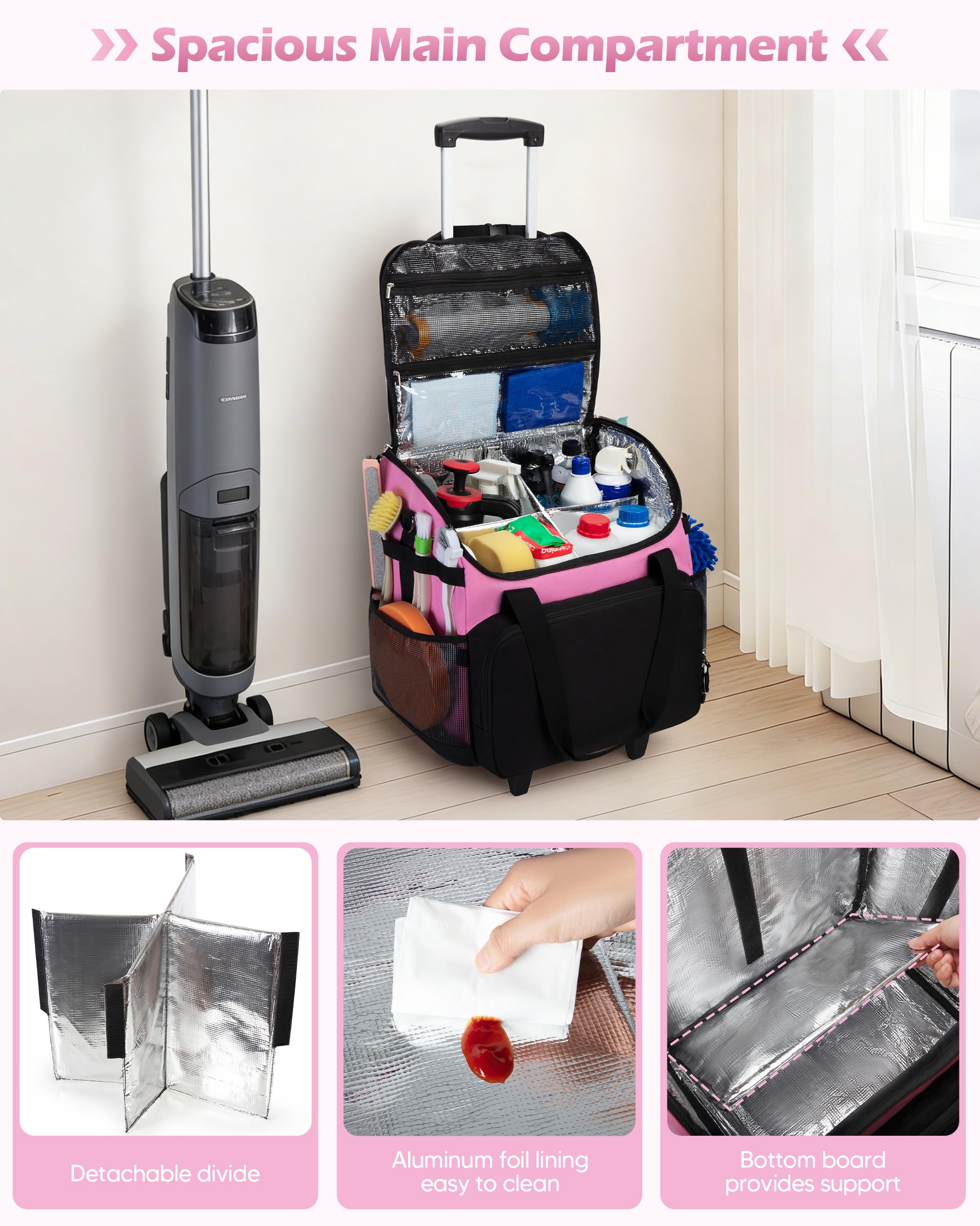 Rolling Caddy Bag with Telescoping Handle - Mobile Organization for Treatment Day Supplies (Pink)