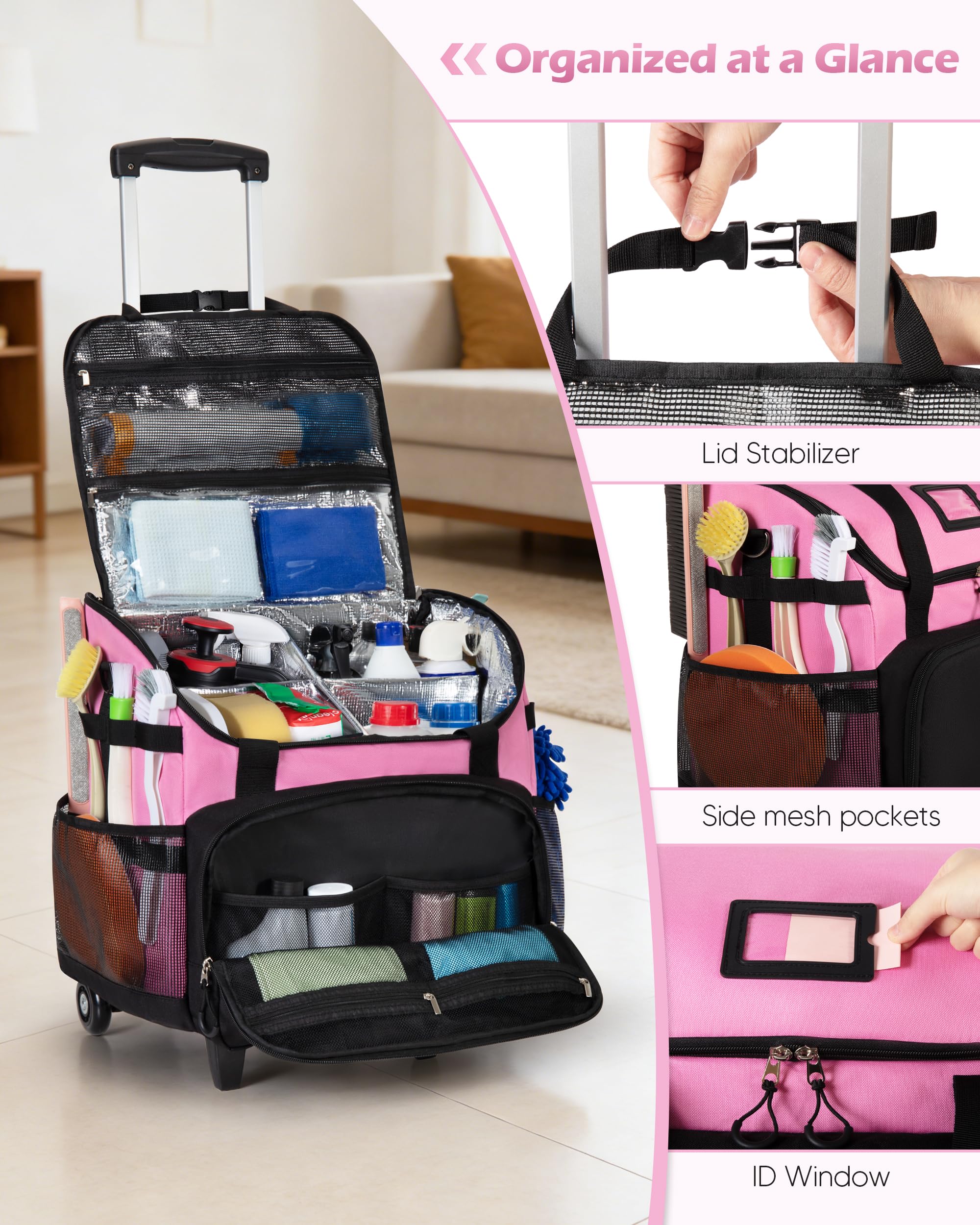 Rolling Caddy Bag with Telescoping Handle - Mobile Organization for Treatment Day Supplies (Pink)