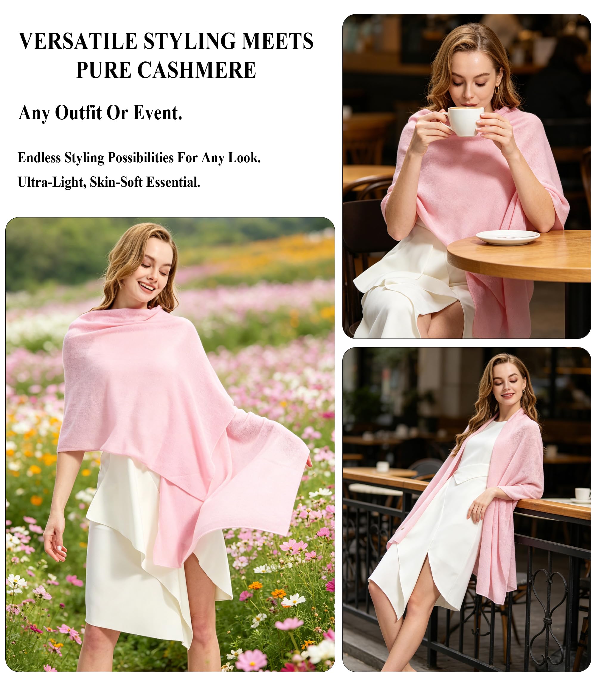 100% Cashmere Shawl - Luxurious Warmth and Comfort for Treatment Days (Pink, 70.9" x 23.6")