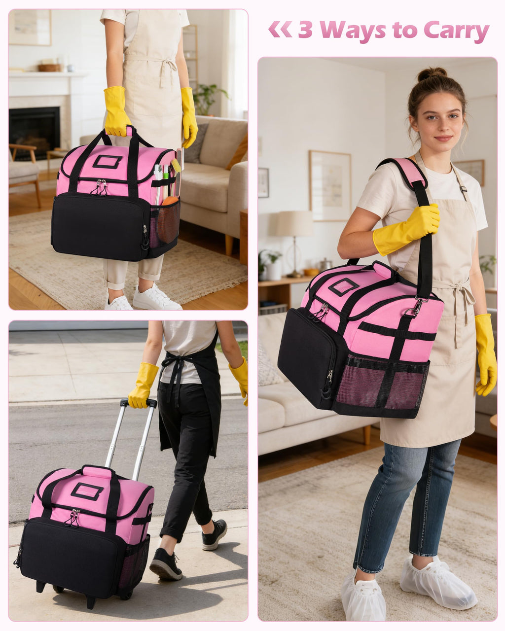Rolling Caddy Bag with Telescoping Handle - Mobile Organization for Treatment Day Supplies (Pink)