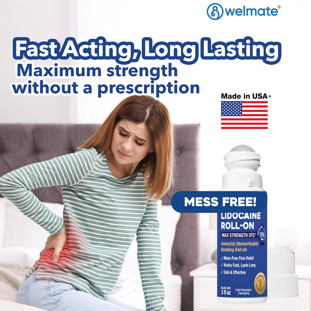 WELMATE 5% Lidocaine Roll On, Maximum Strength Pain Relief, 3 oz - No Mess Topical Anesthetic - Hemorrhoid Relief - Non-Greasy, Fast Acting & Long Lasting - Numbing Roll-On