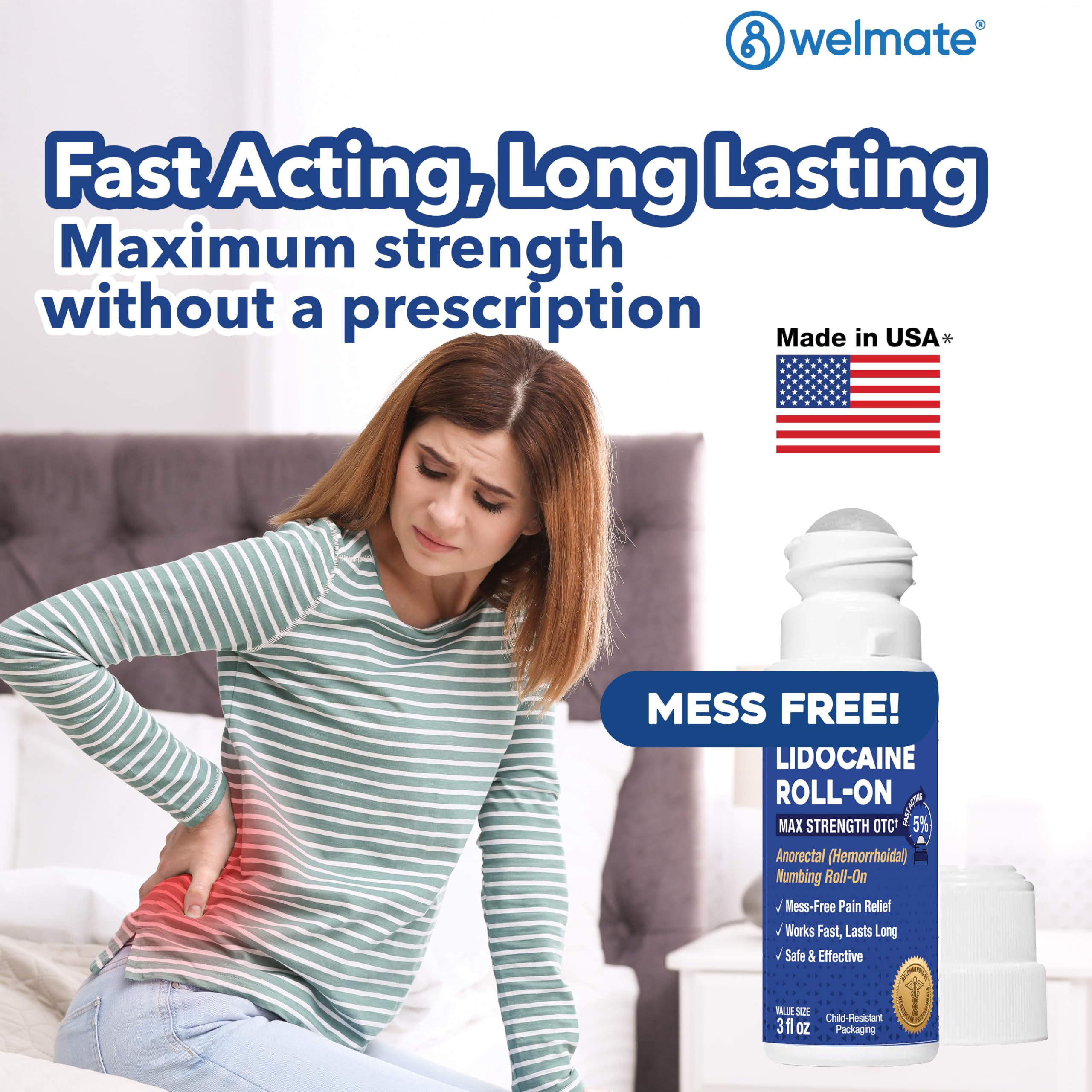 WELMATE 5% Lidocaine Roll On, Maximum Strength Pain Relief, 3 oz - No Mess Topical Anesthetic - Hemorrhoid Relief - Non-Greasy, Fast Acting & Long Lasting - Numbing Roll-On
