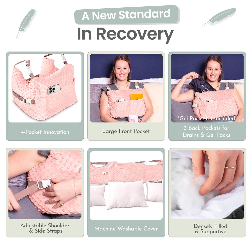 MOYOAMA Post Mastectomy Pillow Post Surgery - Wearable Chest Protection with Secure Straps, Easy-Clean Removable Cover, & Pockets - Breast Reduction/Augmentation & Double Mastectomy Recovery Supplies