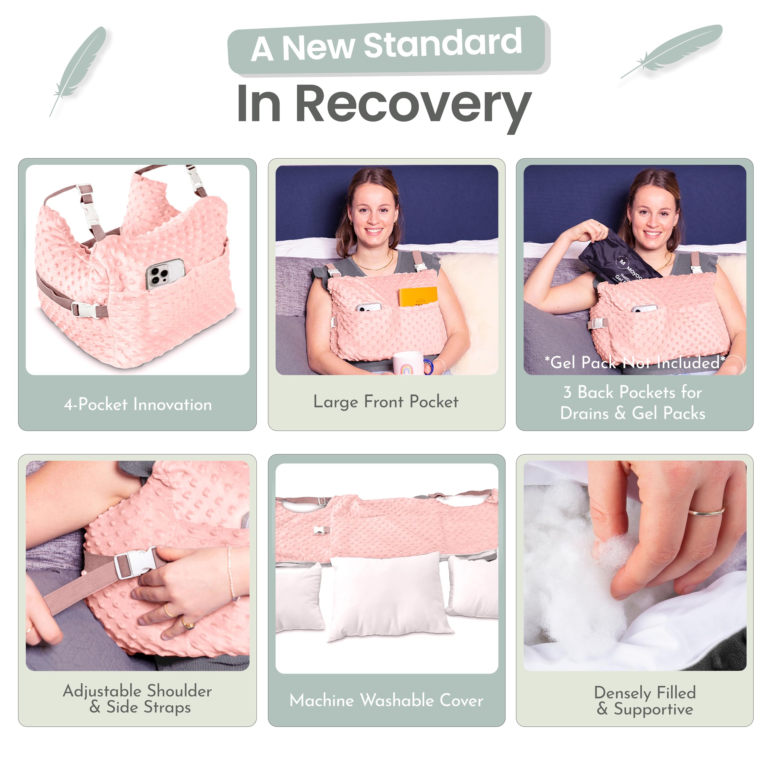 MOYOAMA Post Mastectomy Pillow Post Surgery - Wearable Chest Protection with Secure Straps, Easy-Clean Removable Cover, & Pockets - Breast Reduction/Augmentation & Double Mastectomy Recovery Supplies