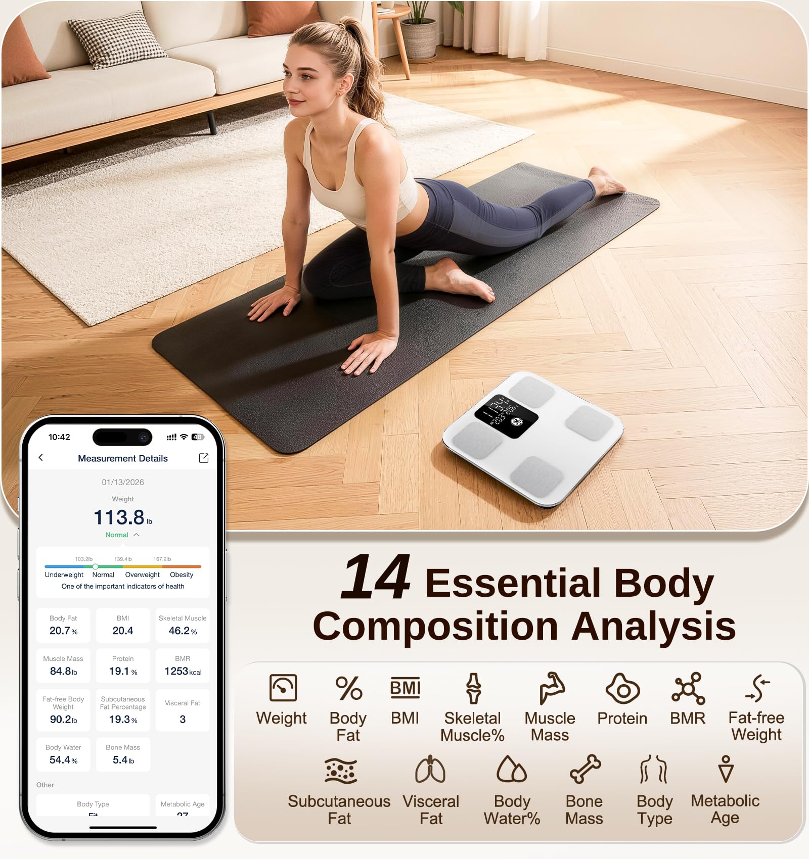 Smart Body Composition Scale - Comprehensive Health Monitoring During Treatment (White, 14 Metrics, 400lb Capacity)