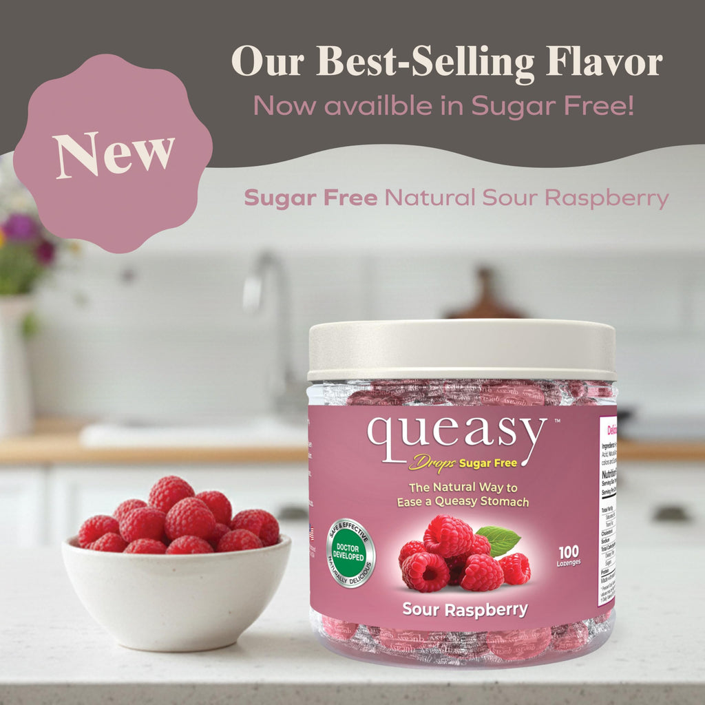 Queasy Drops Sugar-Free Lozenges - Natural Nausea Relief for Chemotherapy (Raspberry, 100 Count)