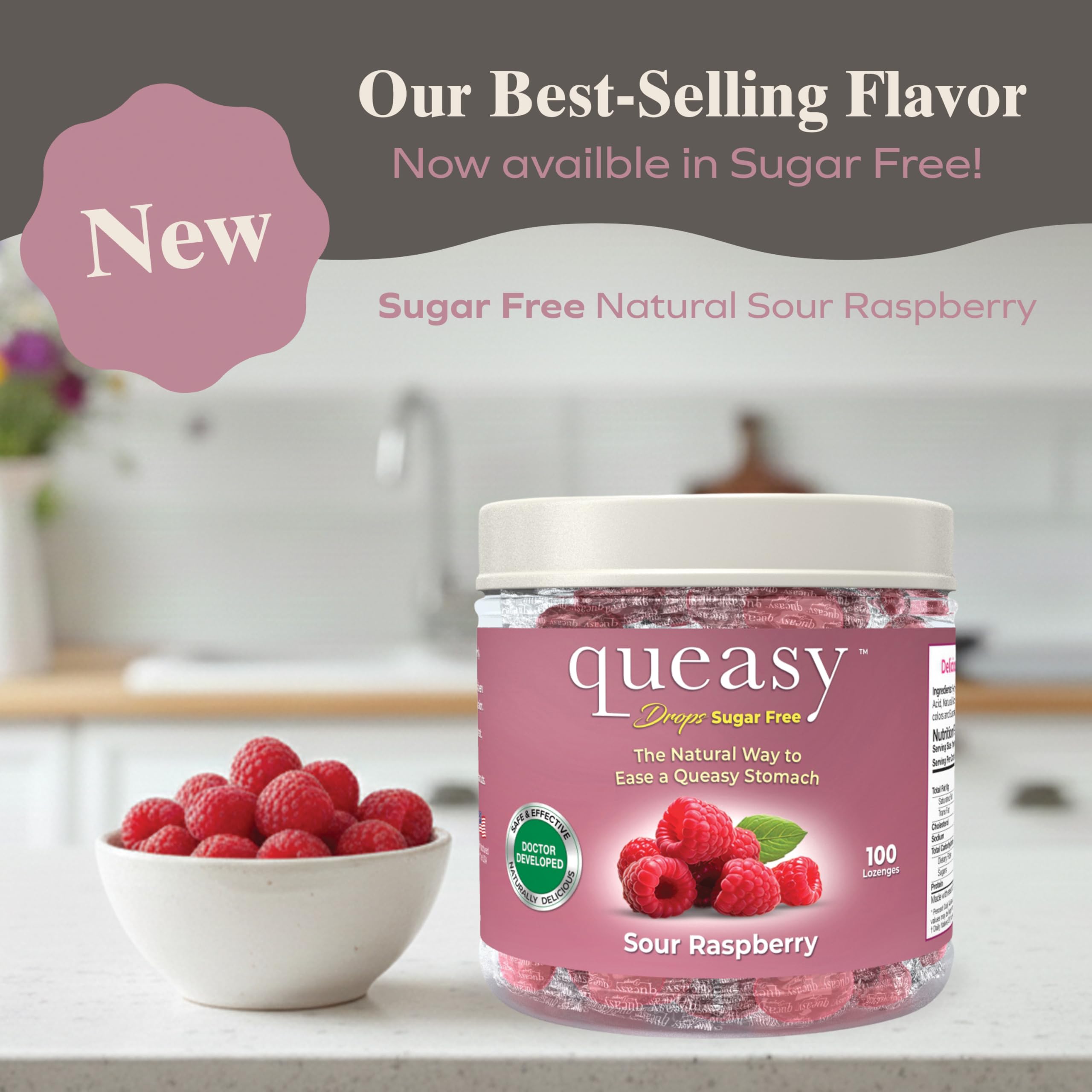 Queasy Drops Sugar-Free Lozenges - Natural Nausea Relief for Chemotherapy (Raspberry, 100 Count)