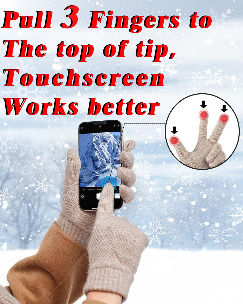Warm Gloves with 3-Finger Touch Screen Elastic Thermal Knit Lining((Black+Light Gray)