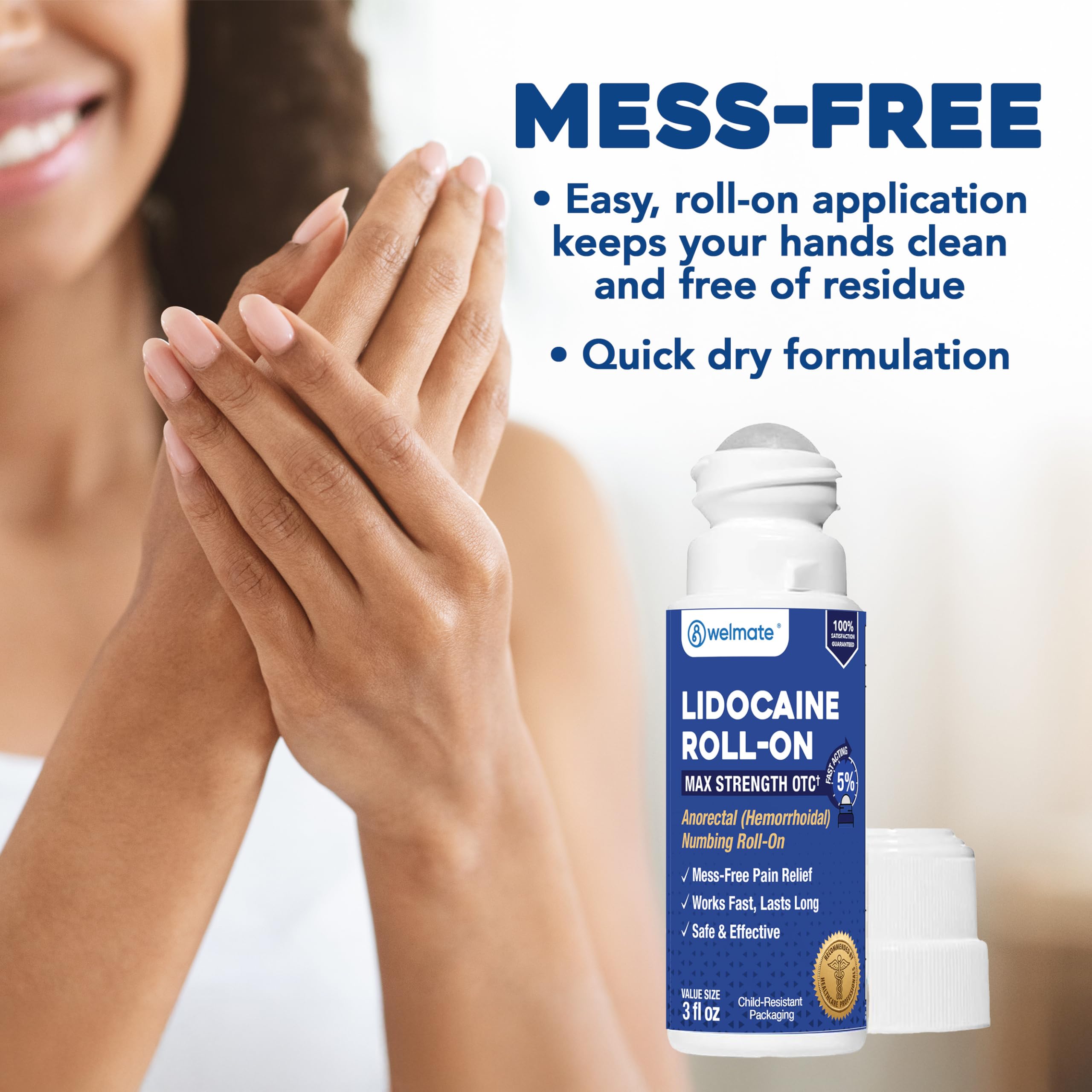 WELMATE 5% Lidocaine Roll On, Maximum Strength Pain Relief, 3 oz - No Mess Topical Anesthetic - Hemorrhoid Relief - Non-Greasy, Fast Acting & Long Lasting - Numbing Roll-On