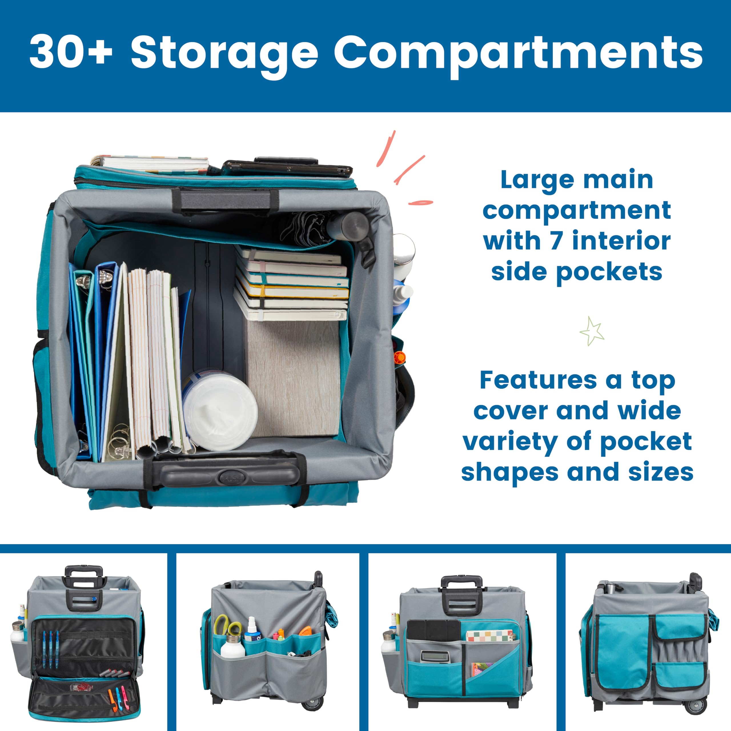 Universal Rolling Cart with Organizer Bag - Effortless Transport for Treatment Days (Turquoise/Grey)