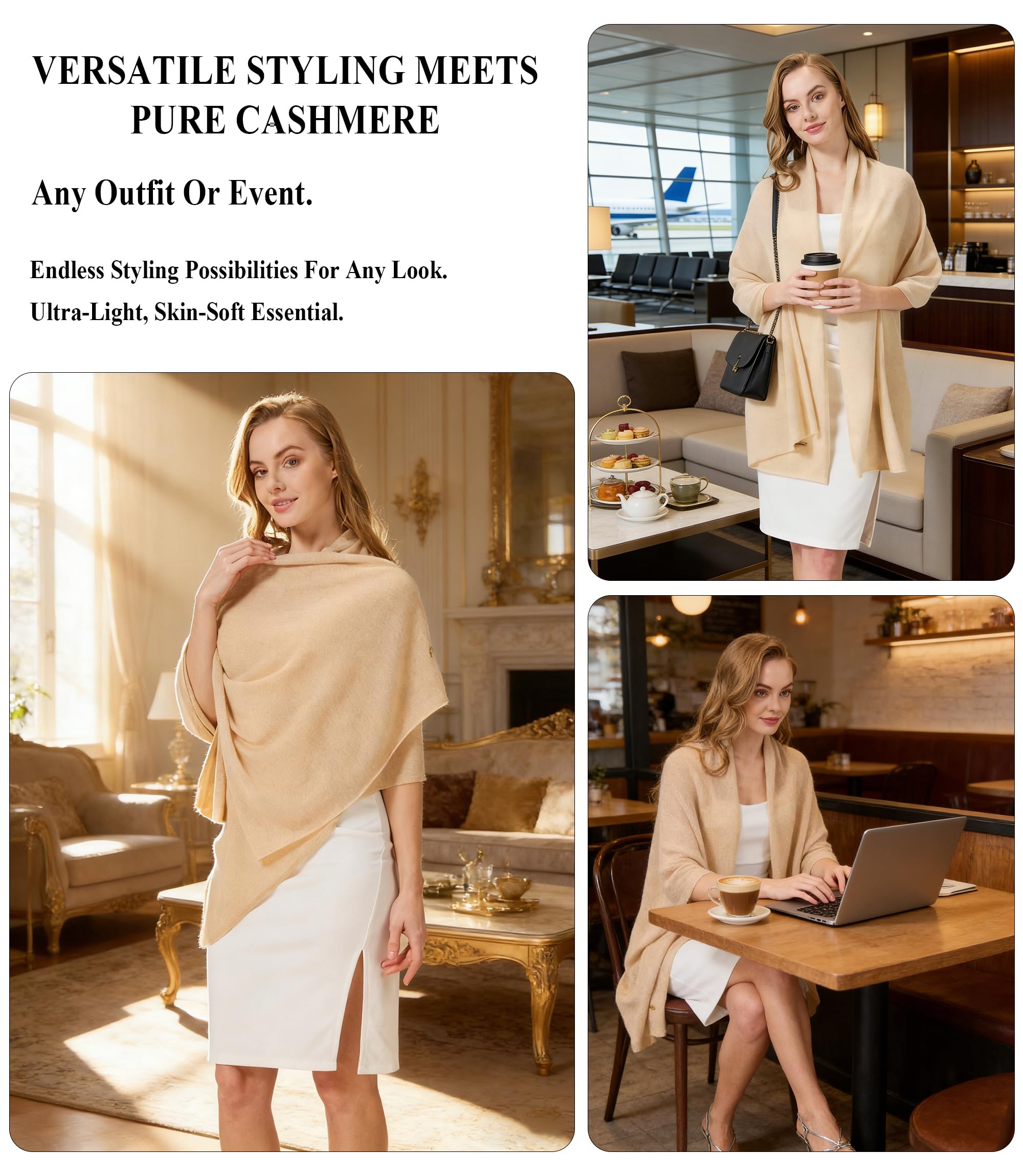 100% Cashmere Shawl - Soft Warmth for Treatment Days (Beige, 70.9" x 23.6")
