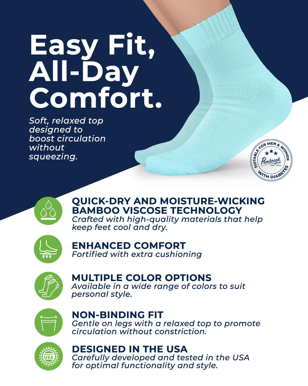 Bamboo Comfy Socks for Neuropathy - Non-Binding Comfort for Swollen Feet (6 Pairs, Pastel Colors)