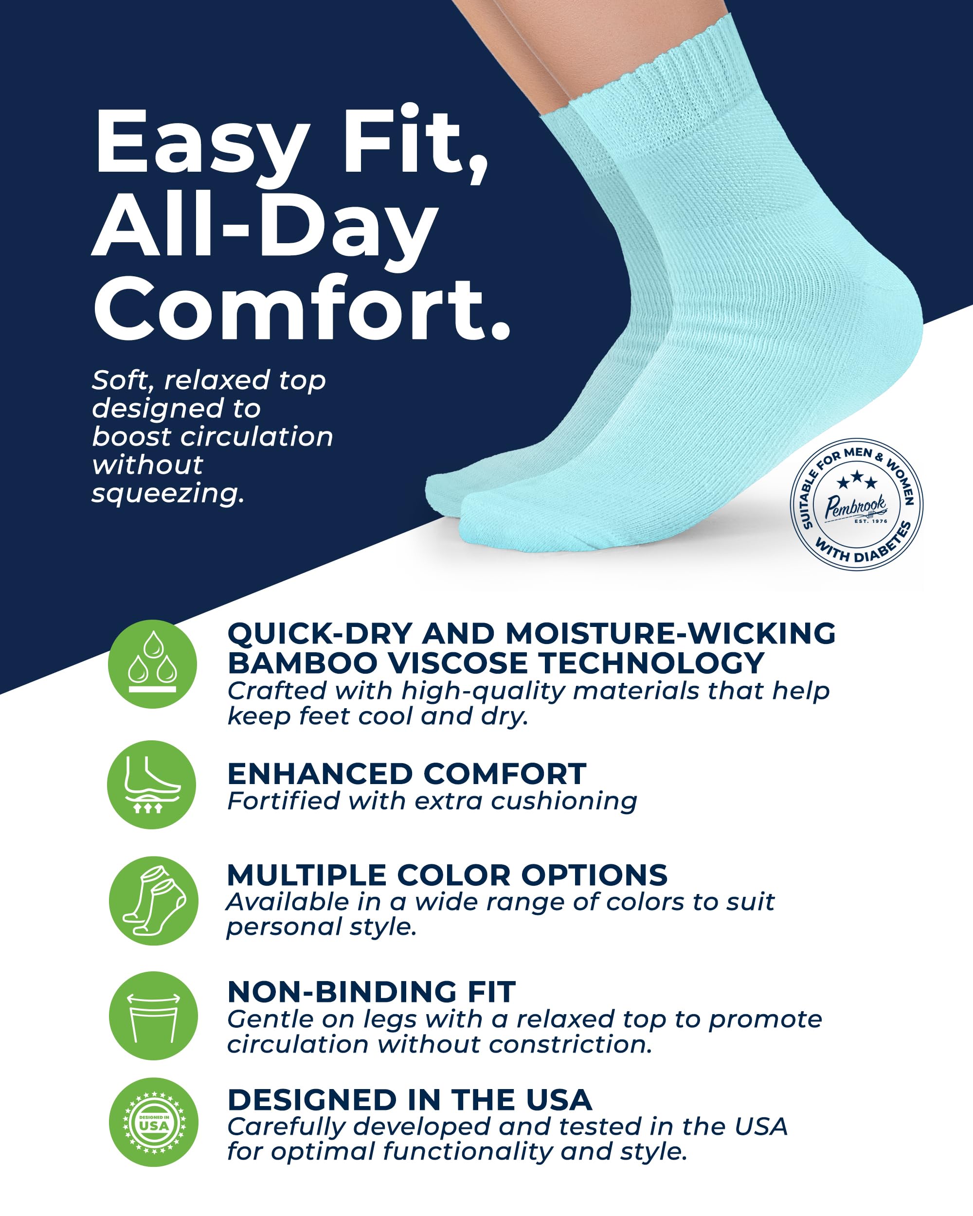 Bamboo Comfy Socks for Neuropathy - Non-Binding Comfort for Swollen Feet (6 Pairs, Pastel Colors)
