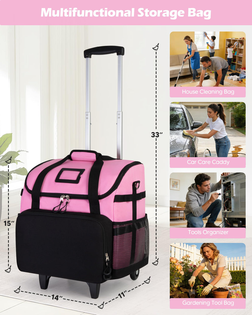 Rolling Caddy Bag with Telescoping Handle - Mobile Organization for Treatment Day Supplies (Pink)