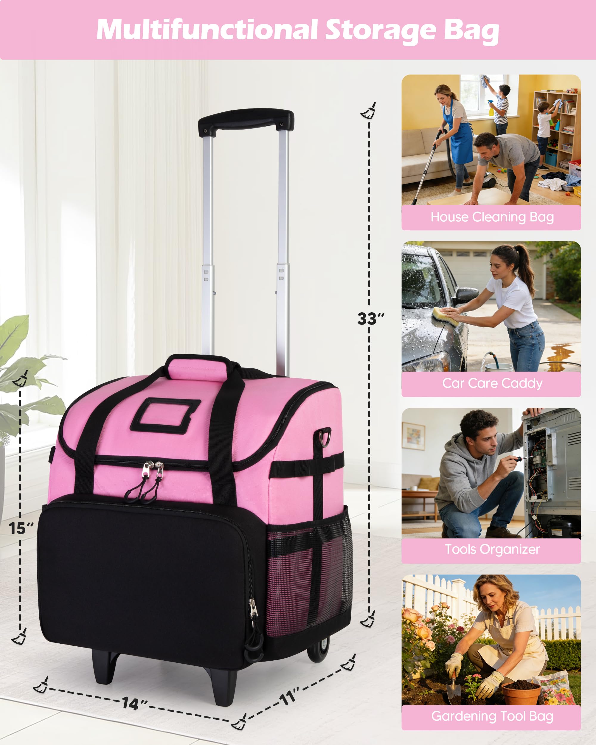 Rolling Caddy Bag with Telescoping Handle - Mobile Organization for Treatment Day Supplies (Pink)