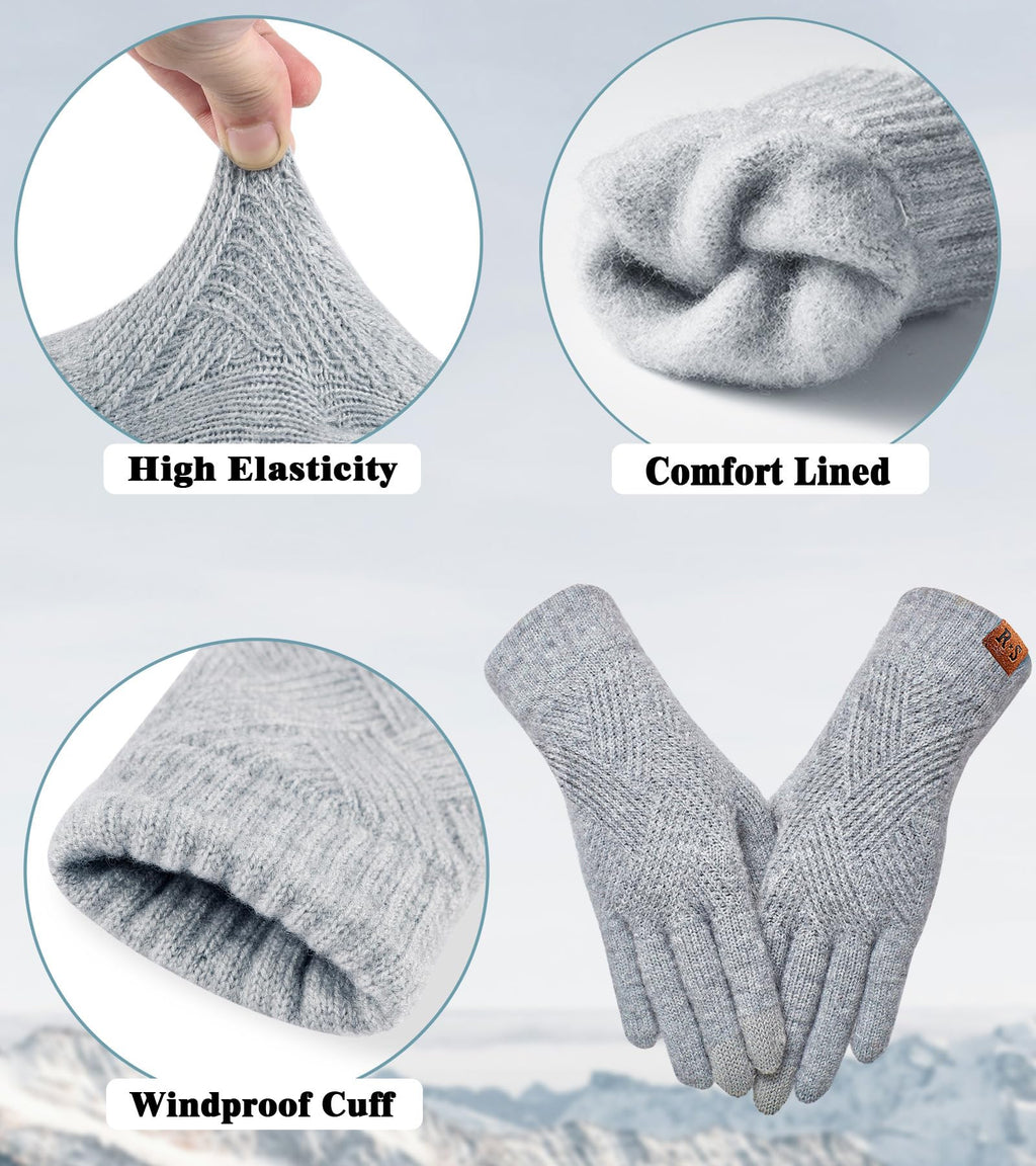 Warm Gloves with 3-Finger Touch Screen Elastic Thermal Knit Lining((Black+Light Gray)