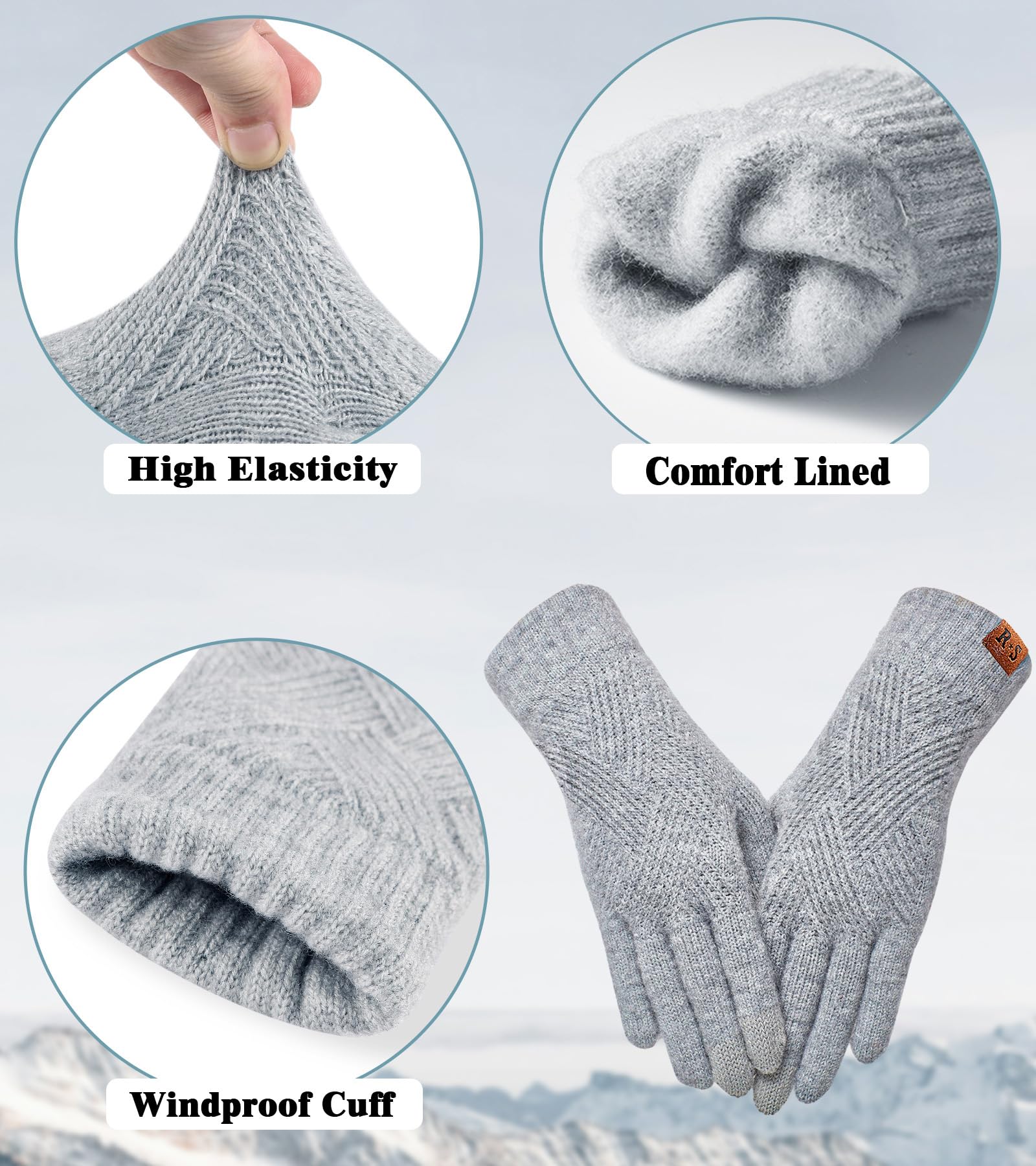 Warm Gloves with 3-Finger Touch Screen Elastic Thermal Knit Lining((Black+Light Gray)