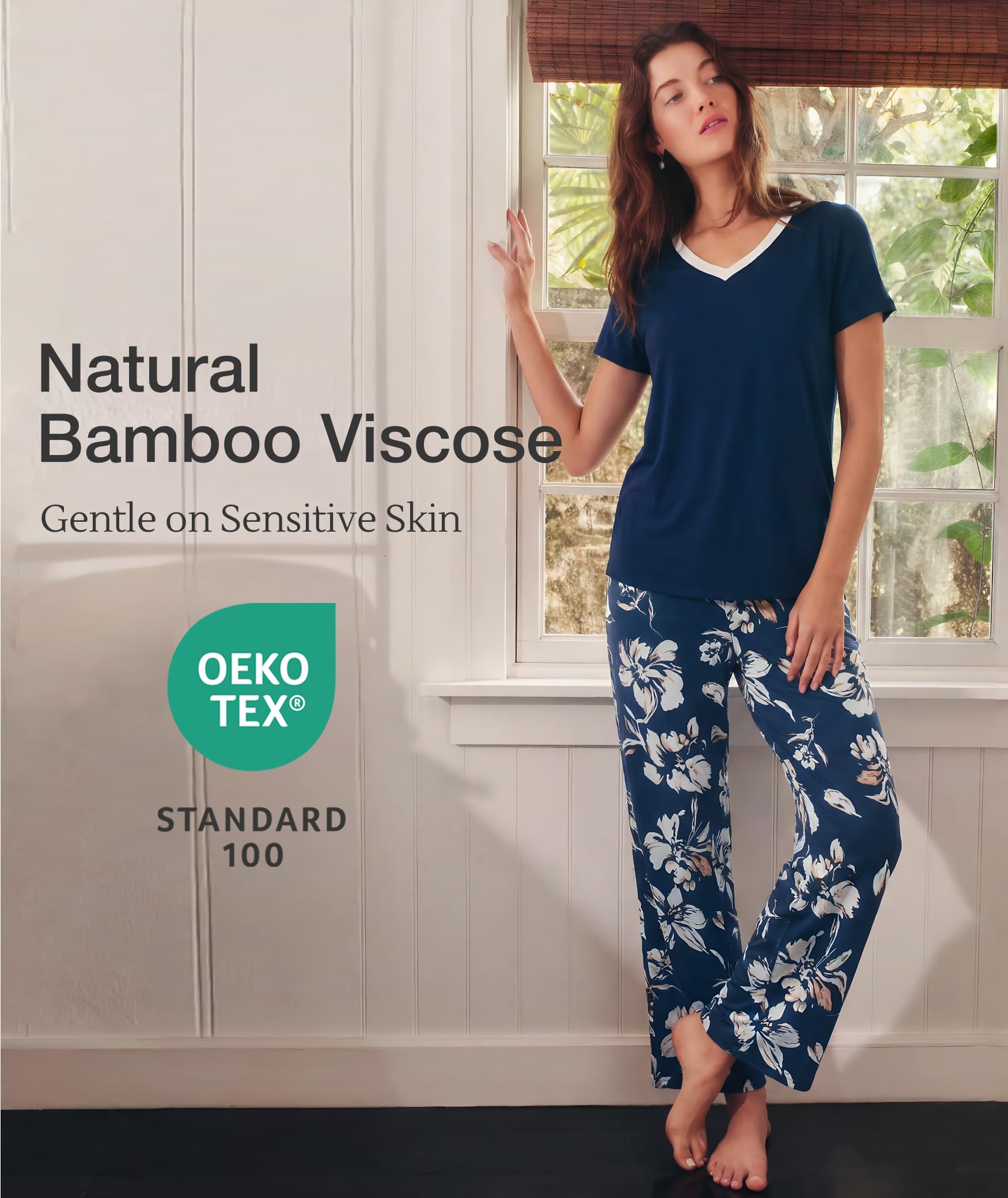 Bamboo Viscose Pajama Set with V-Neck - Cooling Sleepwear for Treatment Days (Ink Blue Flowers)