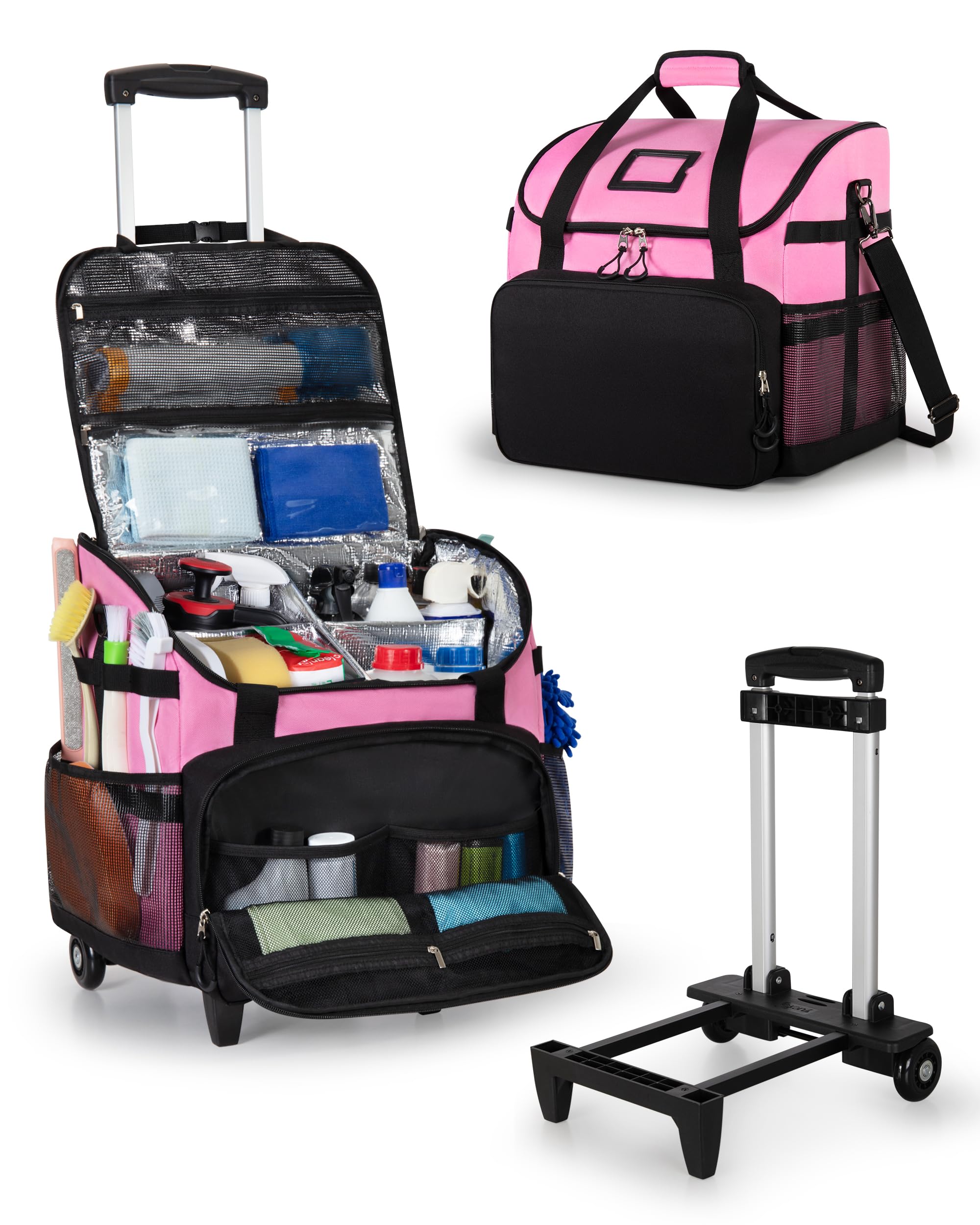 Rolling Caddy Bag with Telescoping Handle - Mobile Organization for Treatment Day Supplies (Pink)