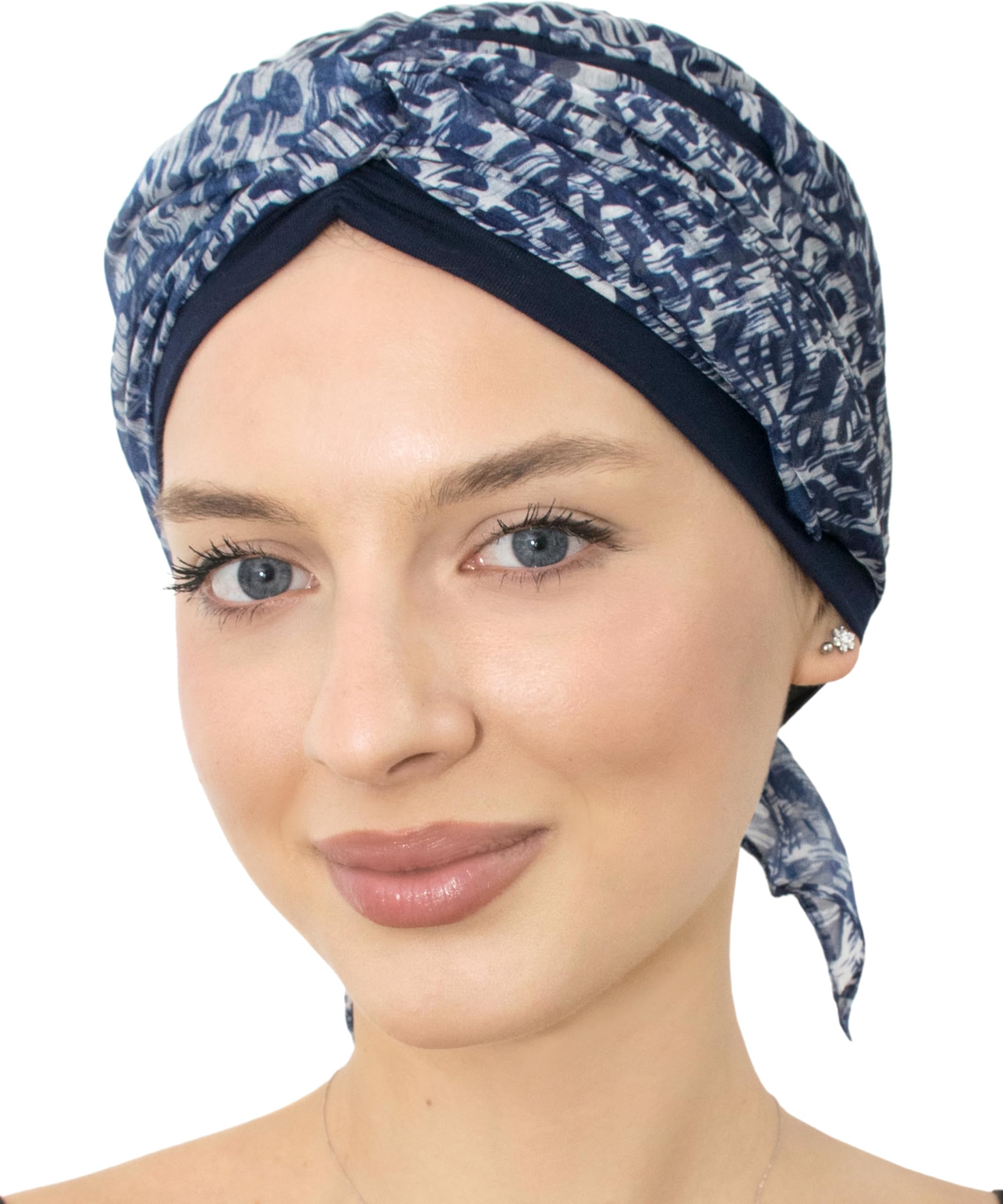 Bamboo Skull Cap with Chiffon Scarf - Comfortable Head Covering for Hair Loss (Navy Pattern)
