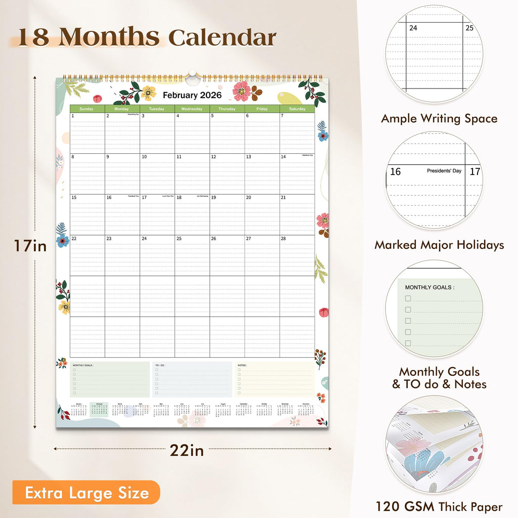 Extra Large 18-Month Wall Calendar 2026-2027 - Command Center for Treatment Scheduling (Garden Design, 22"x17")