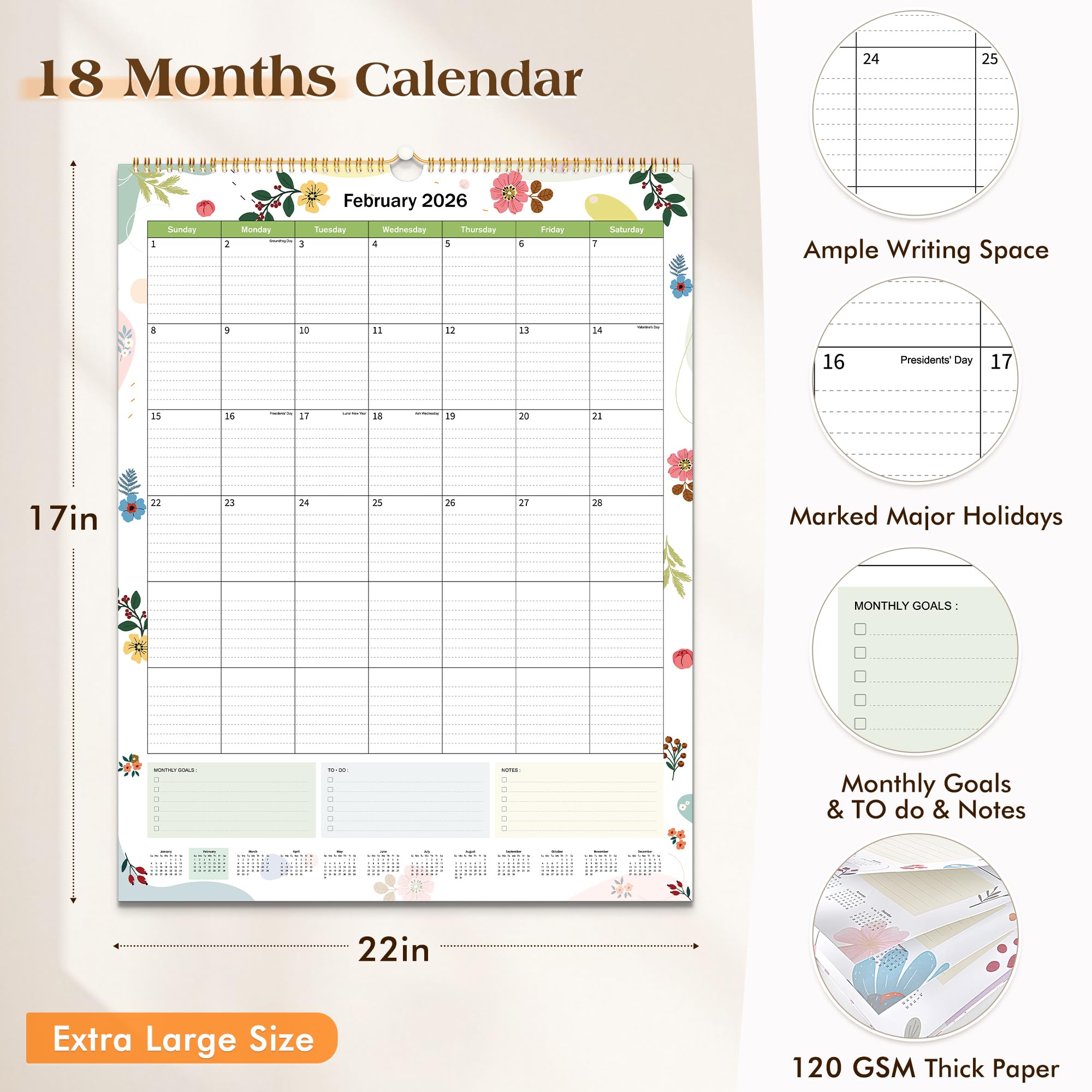Extra Large 18-Month Wall Calendar 2026-2027 - Command Center for Treatment Scheduling (Garden Design, 22"x17")
