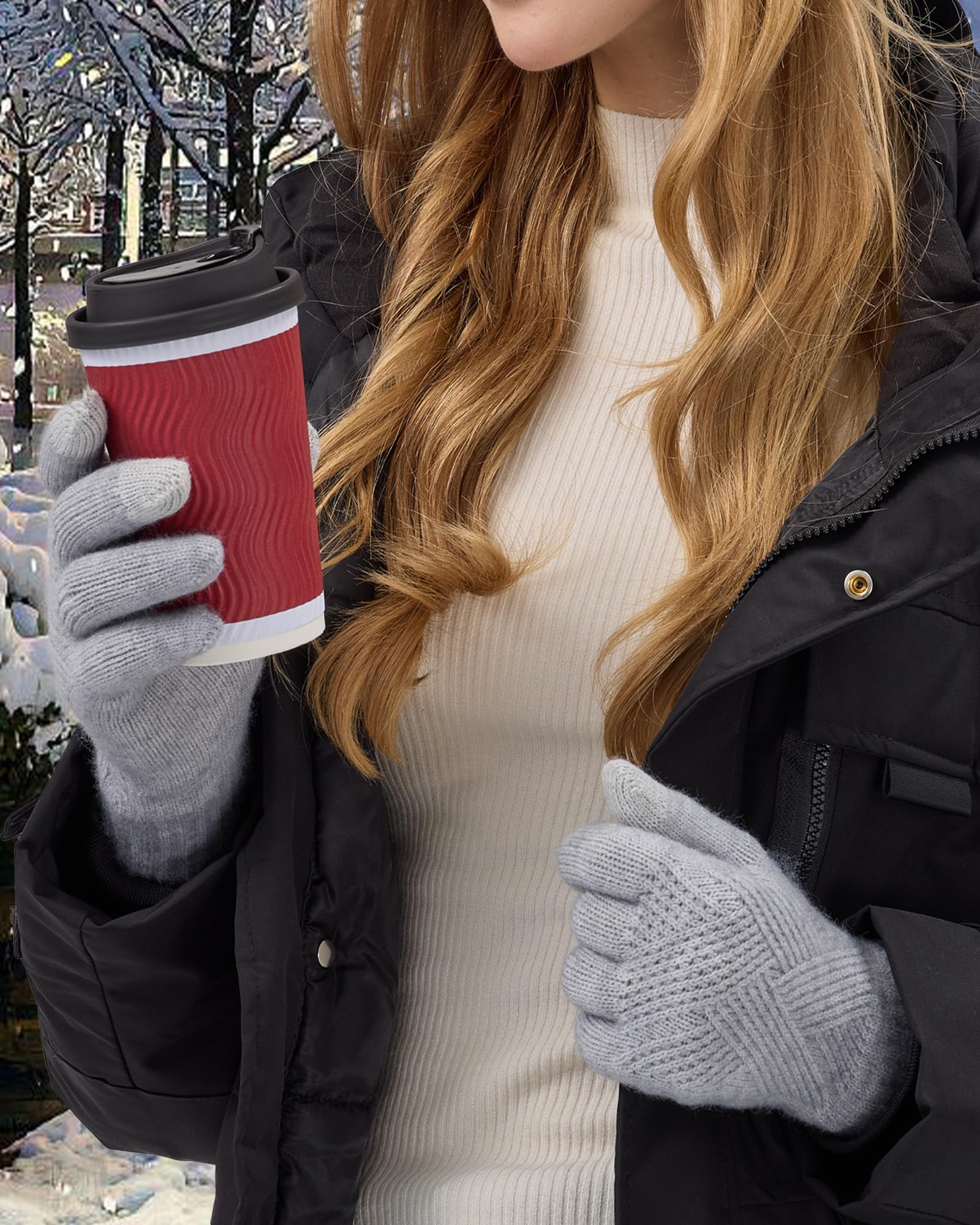 Warm Gloves with 3-Finger Touch Screen Elastic Thermal Knit Lining((Black+Light Gray)