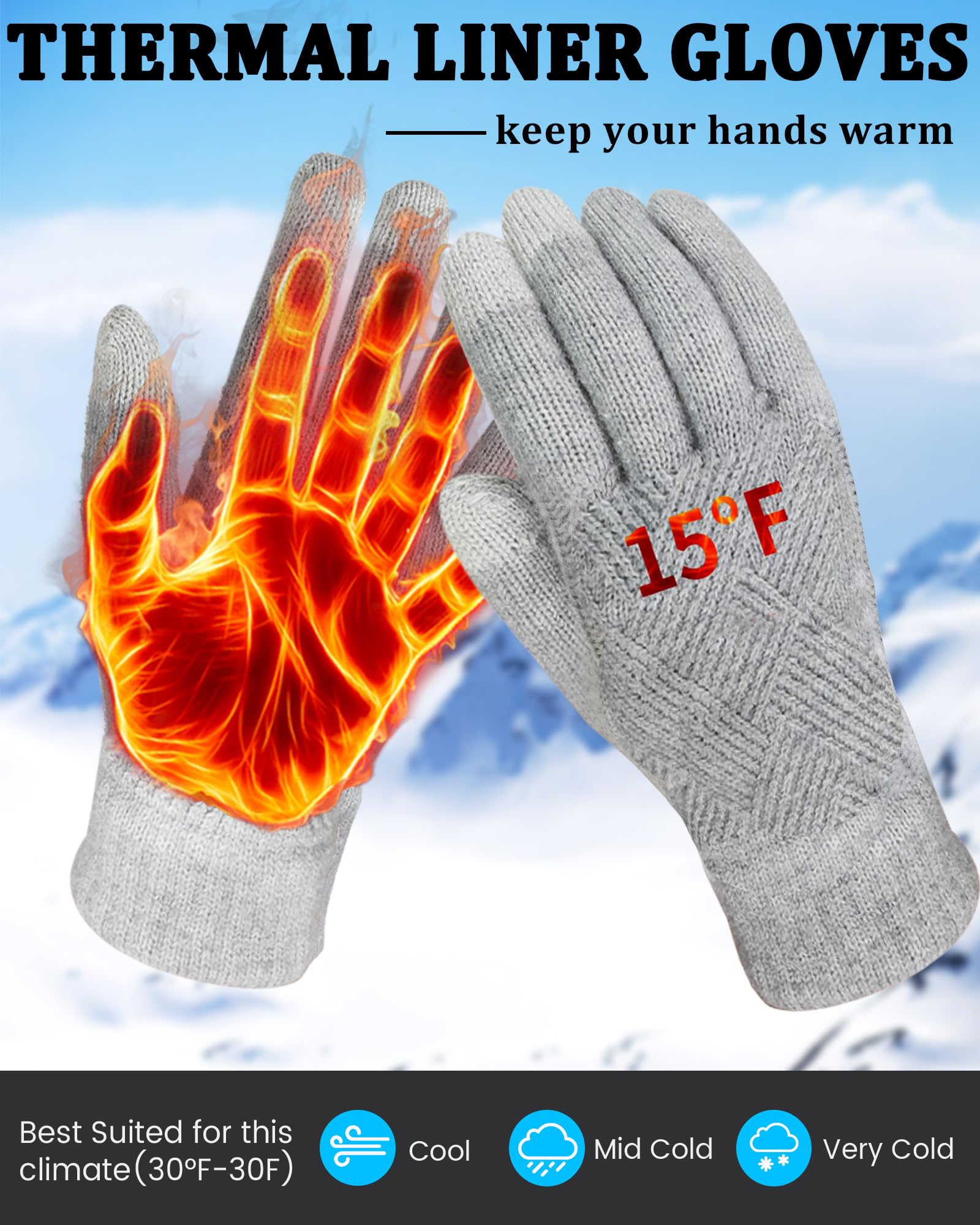 Warm Gloves with 3-Finger Touch Screen Elastic Thermal Knit Lining((Black+Light Gray)