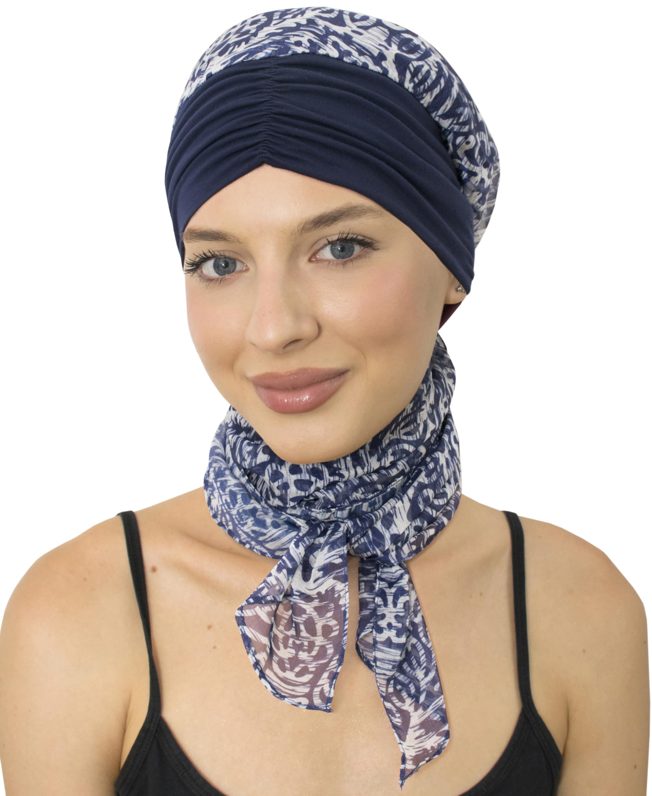 Bamboo Skull Cap with Chiffon Scarf - Comfortable Head Covering for Hair Loss (Navy Pattern)