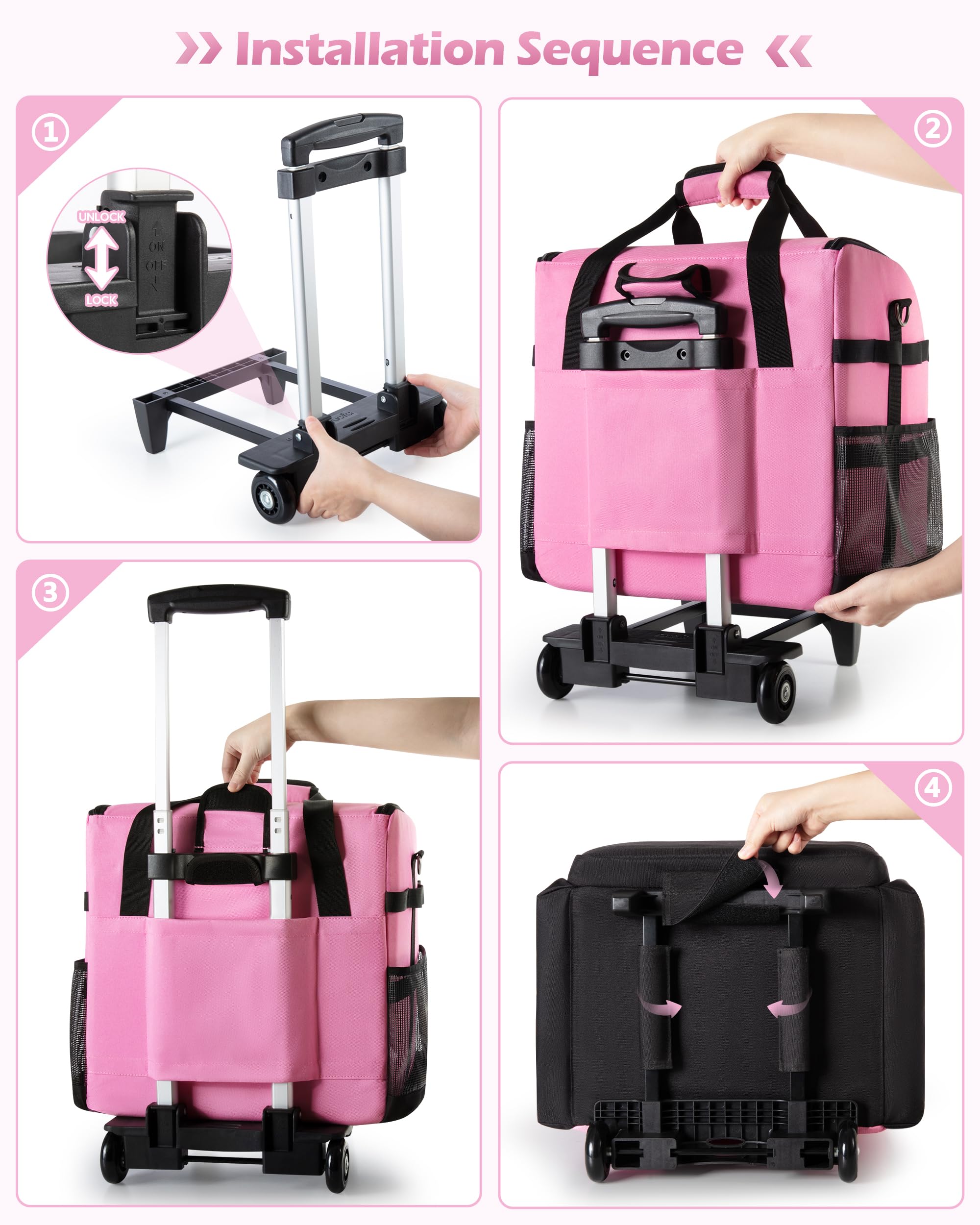 Rolling Caddy Bag with Telescoping Handle - Mobile Organization for Treatment Day Supplies (Pink)