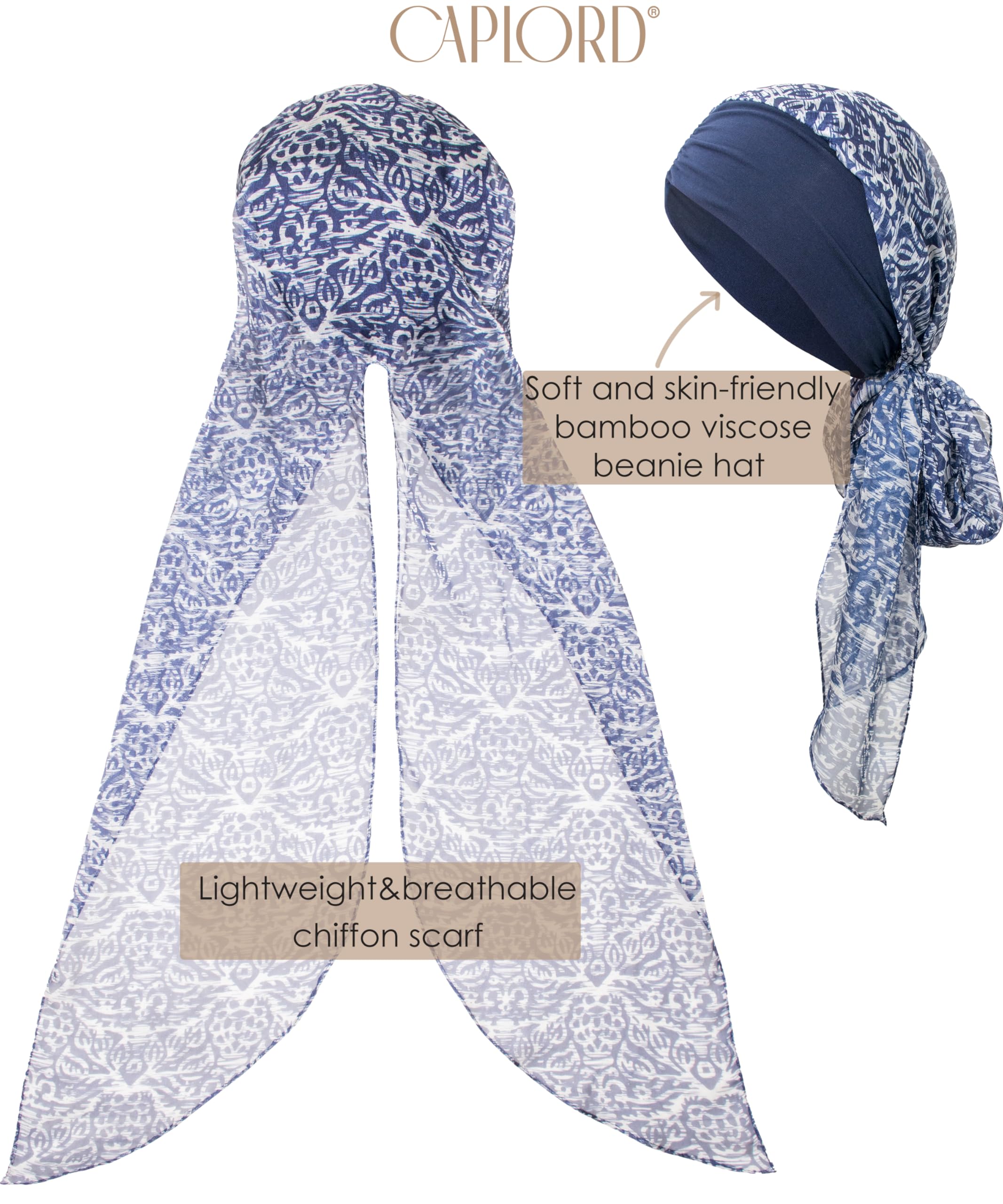 Bamboo Skull Cap with Chiffon Scarf - Comfortable Head Covering for Hair Loss (Navy Pattern)