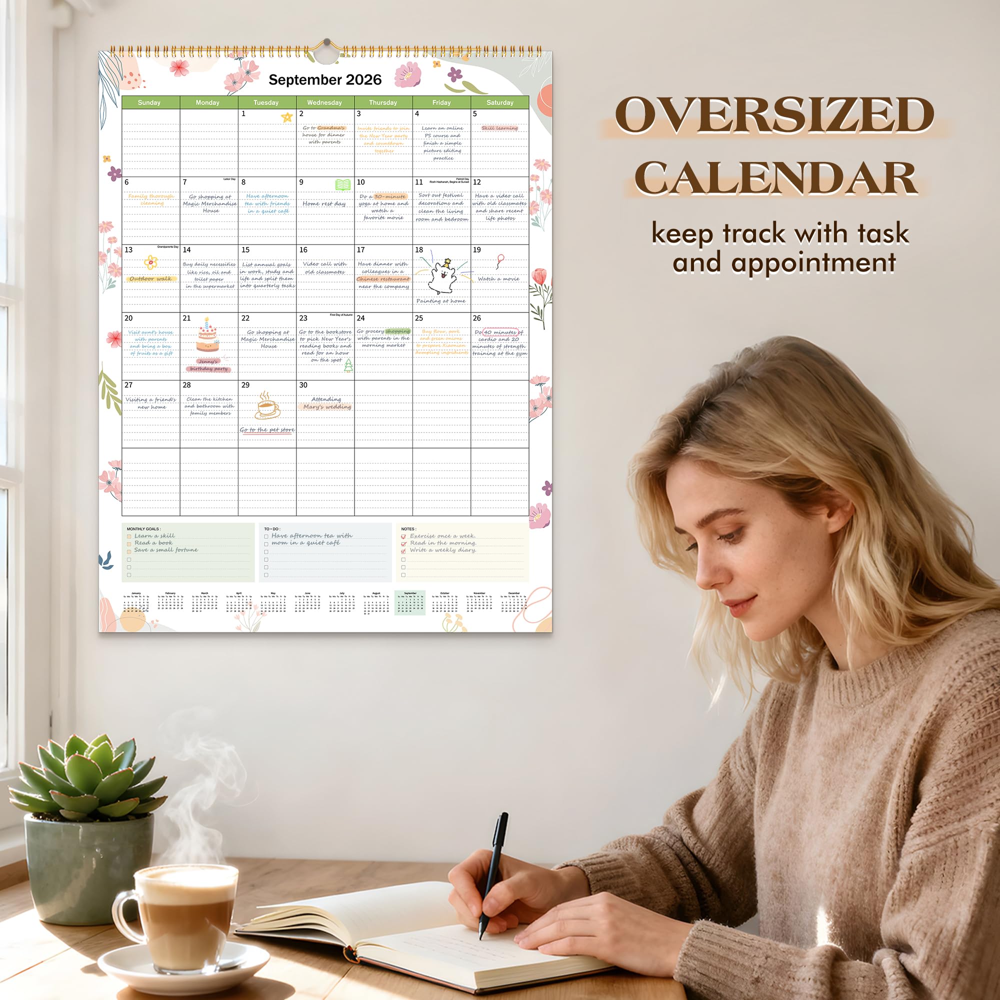 Extra Large 18-Month Wall Calendar 2026-2027 - Command Center for Treatment Scheduling (Garden Design, 22"x17")