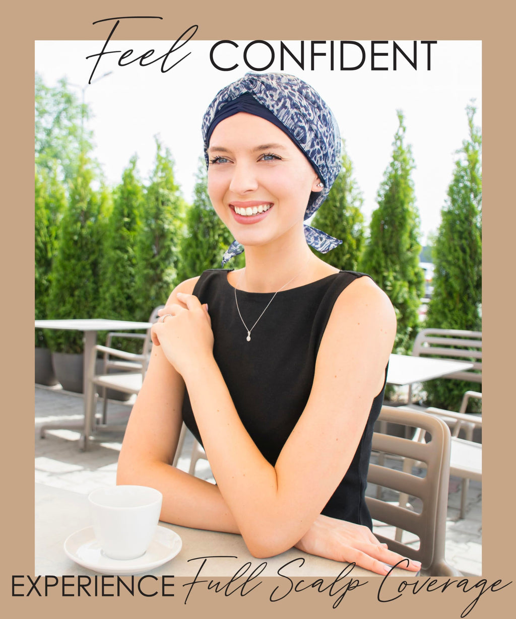 Bamboo Skull Cap with Chiffon Scarf - Comfortable Head Covering for Hair Loss (Navy Pattern)