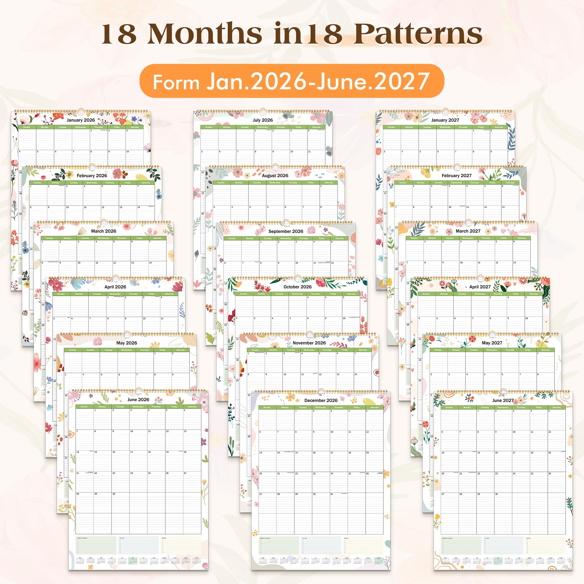 Extra Large 18-Month Wall Calendar 2026-2027 - Command Center for Treatment Scheduling (Garden Design, 22"x17")