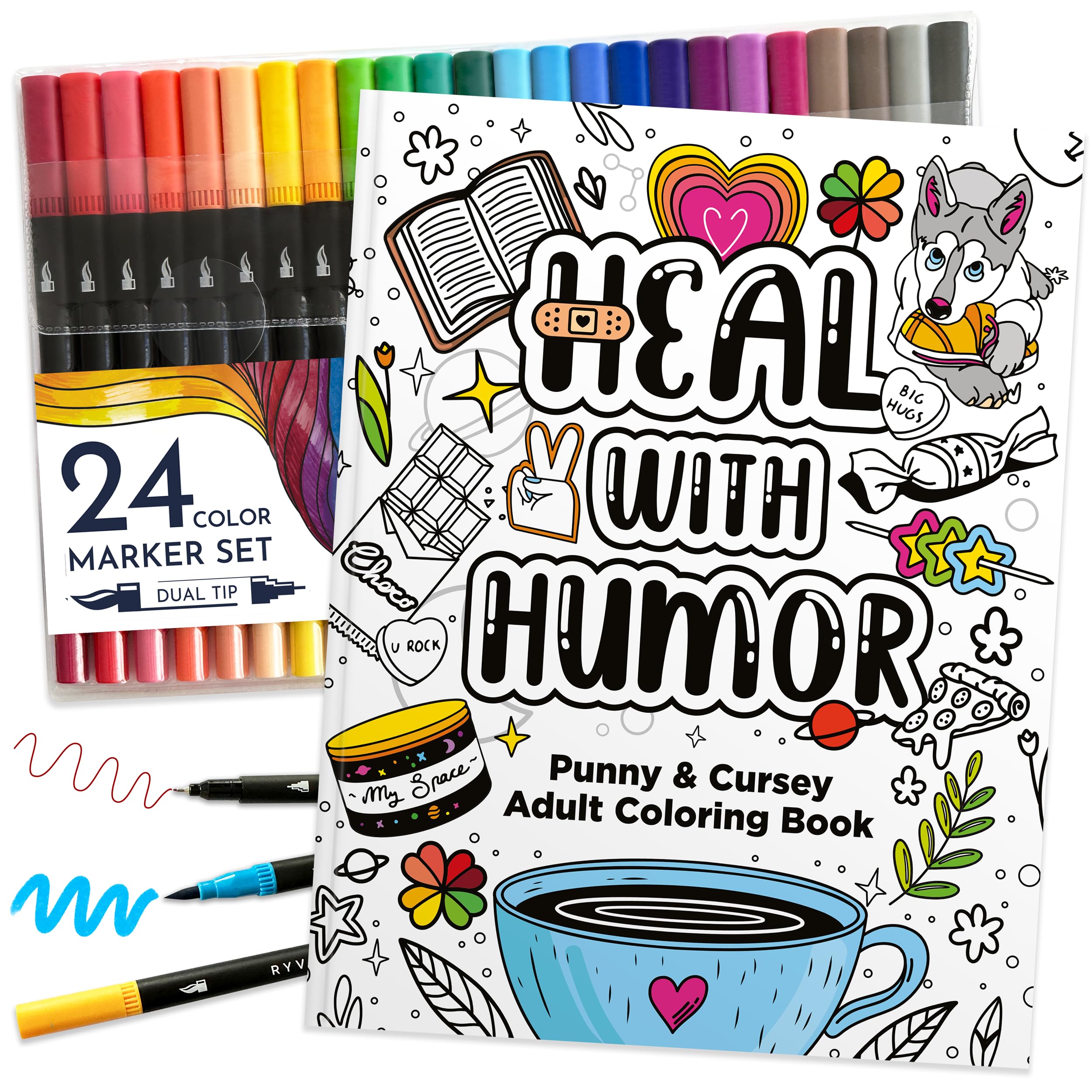 "Heal with Humor" Coloring Book and Marker Set - Laughter and Creativity for Treatment Days (33 Designs + 24 Markers)