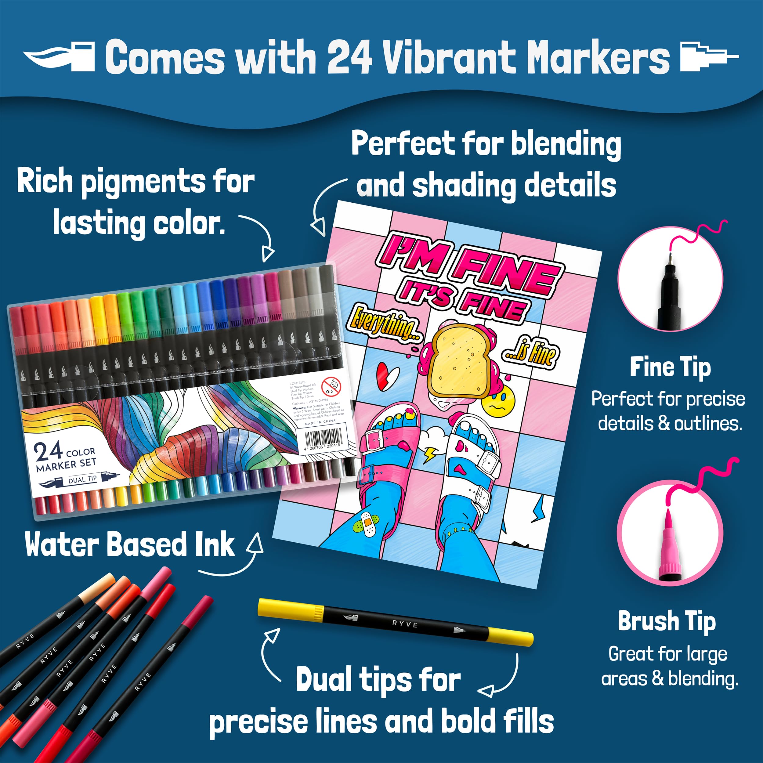 "Heal with Humor" Coloring Book and Marker Set - Laughter and Creativity for Treatment Days (33 Designs + 24 Markers)