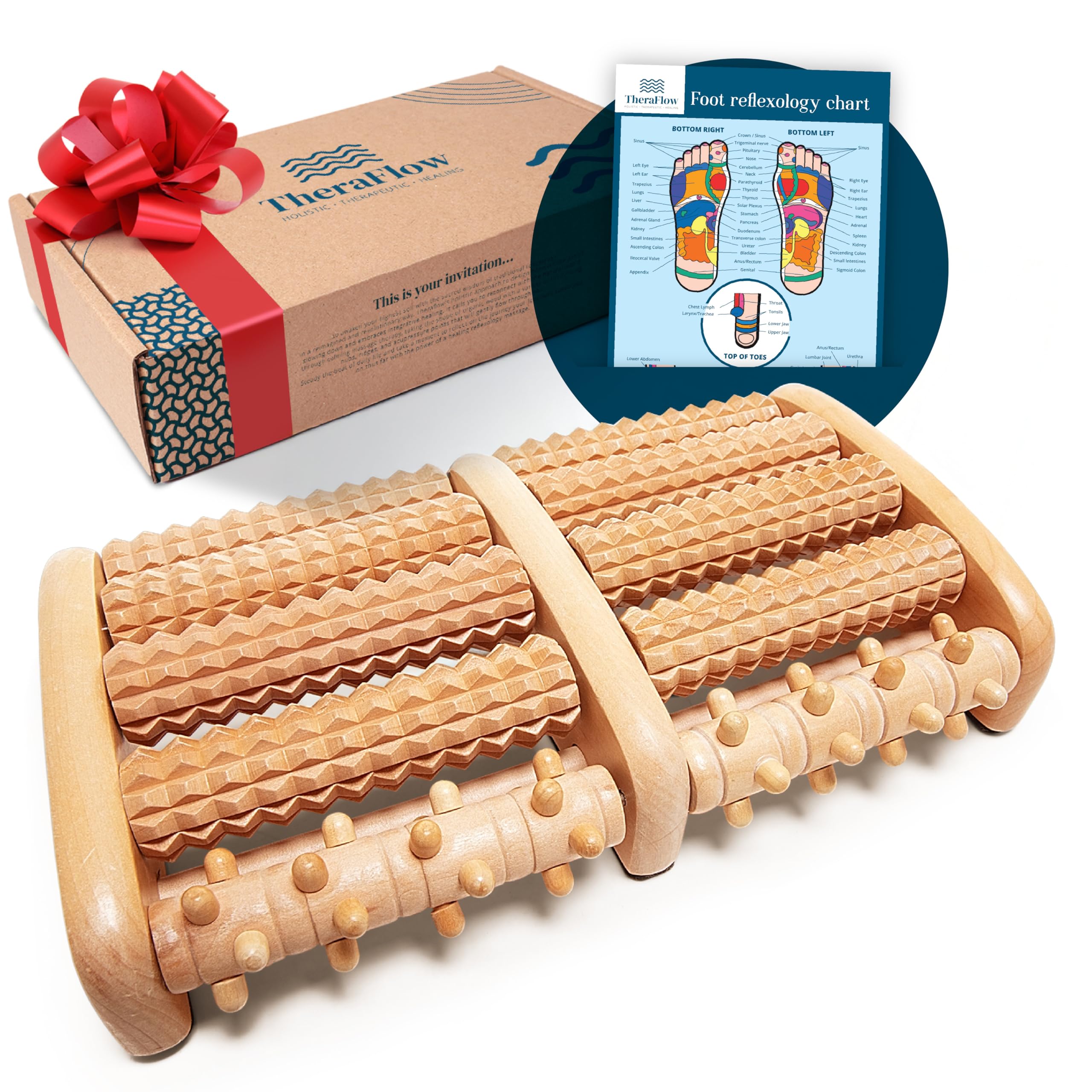 Wooden Foot Massager Roller - Neuropathy Pain Relief and Circulation Support (Includes Reflexology Chart)
